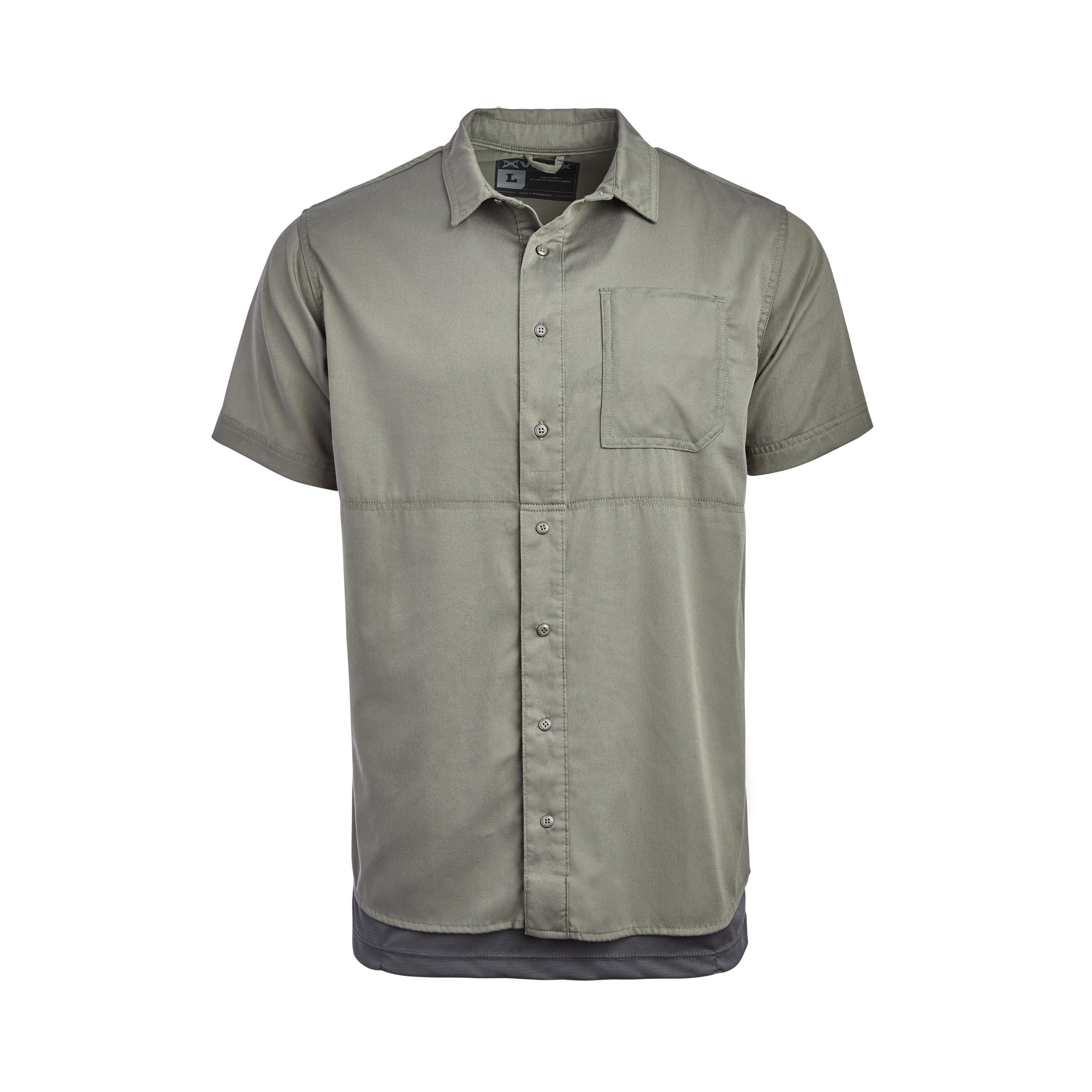 Product shot of a VX Mens short-sleeved olive green button-down shirt featuring a chest pocket and subtle stitching details layered over a dark gray undershirt