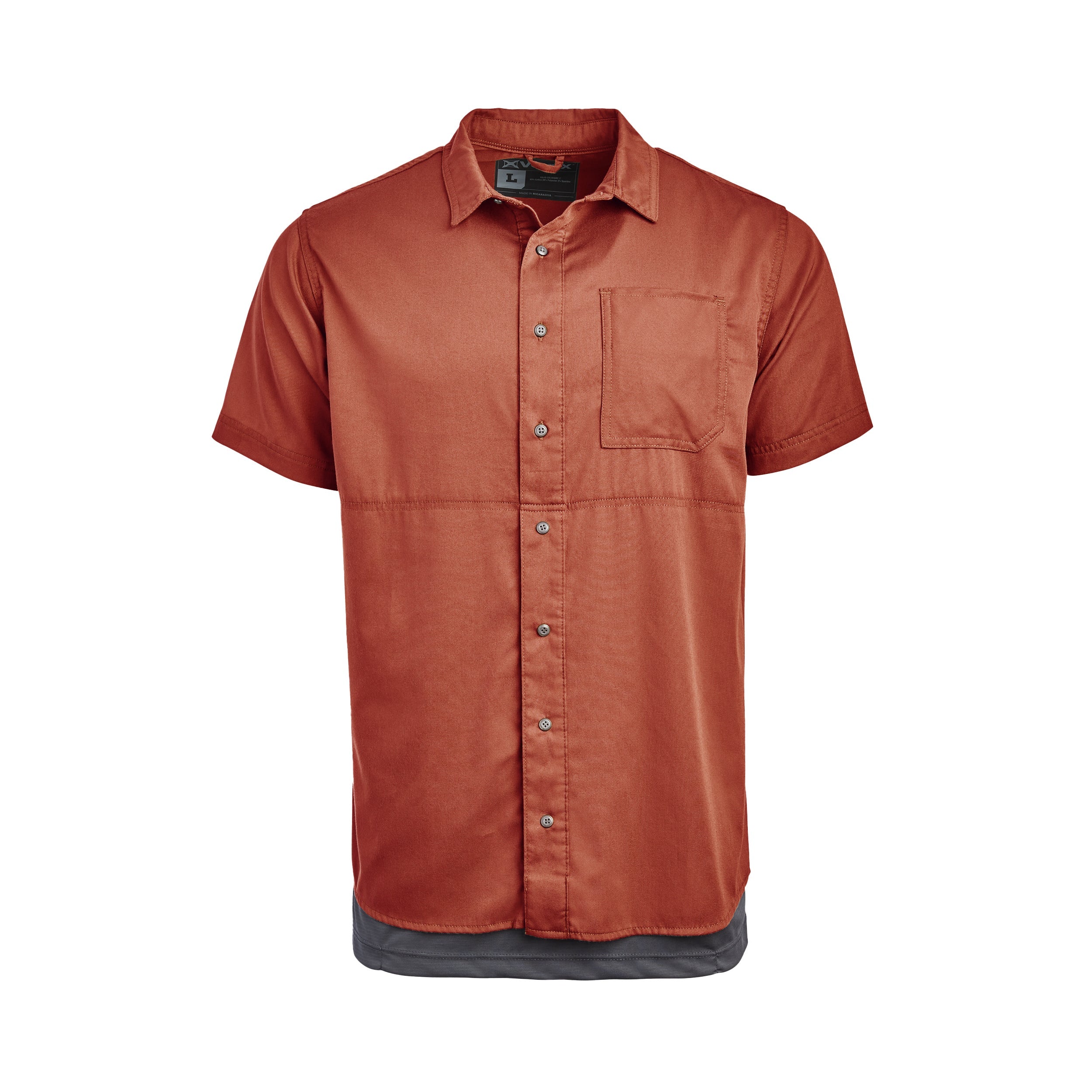 Product shot of a burnt orange short-sleeved button-down shirt with a chest pocket and contrasting gray underlayer showing subtle stitching detail