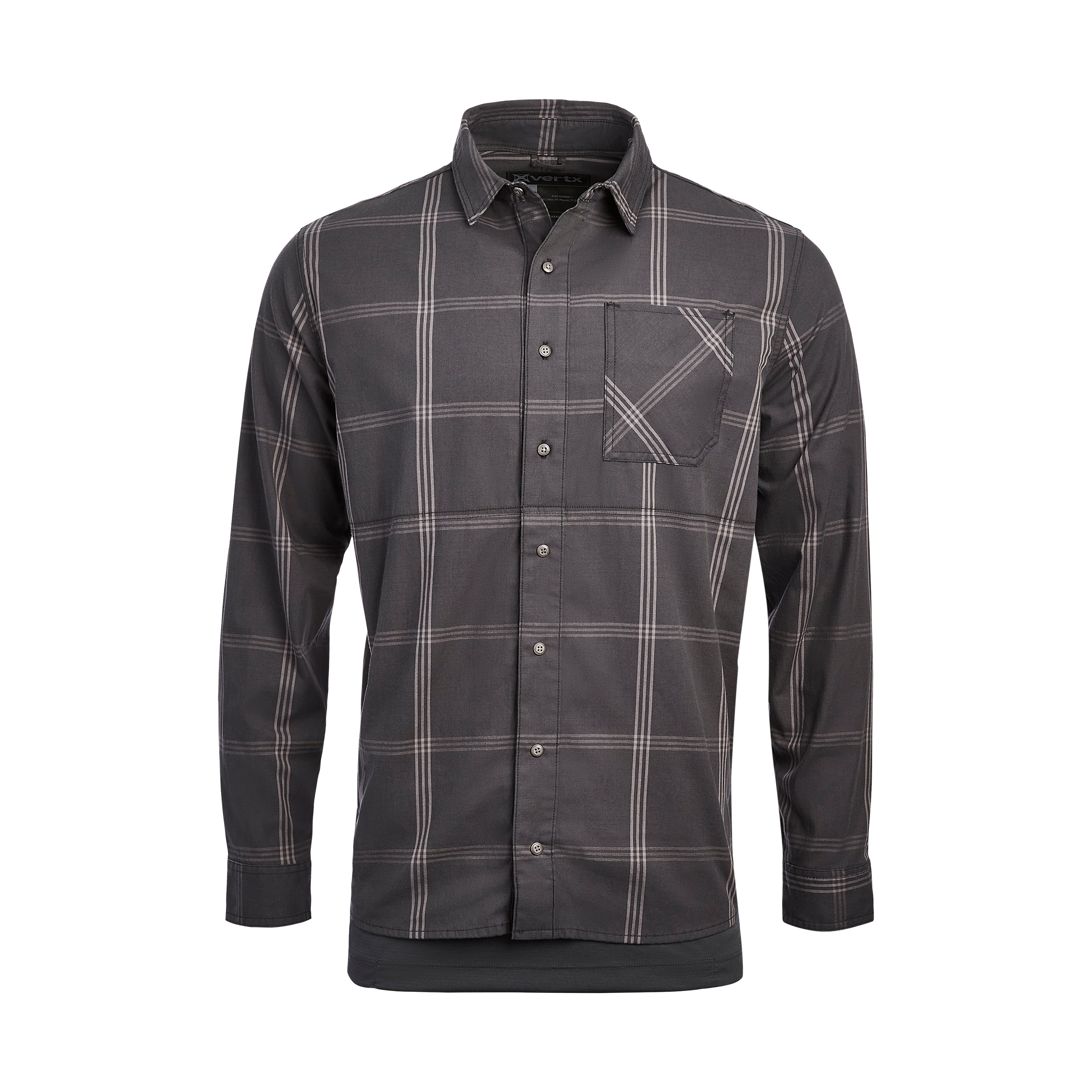 Product shot of a Vertx long-sleeve button-down shirt featuring a dark gray and light gray plaid pattern a chest pocket and button cuffs