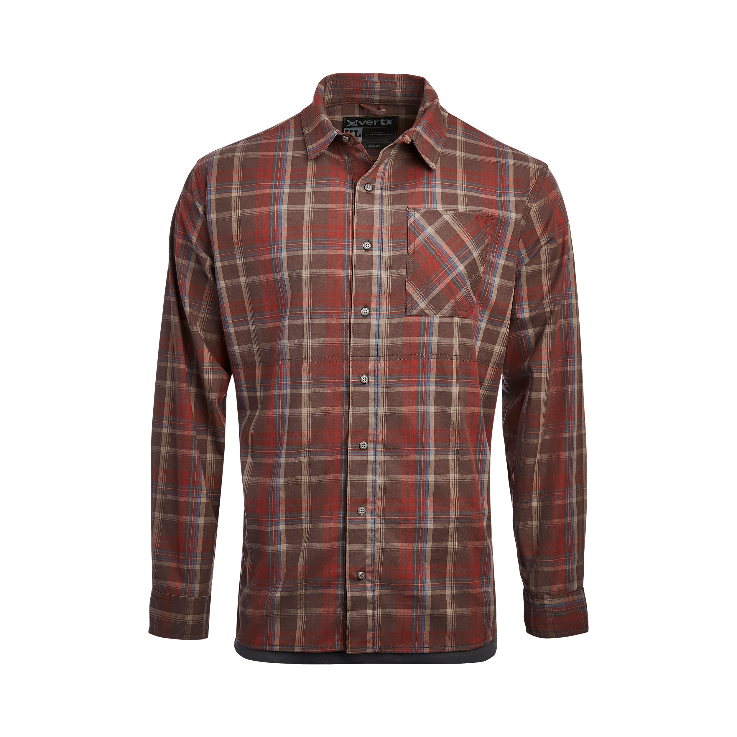 Product shot of a Vertx long-sleeve button-down shirt featuring a brown and red plaid pattern with subtle blue and beige accents a chest pocket and dark gray stitching