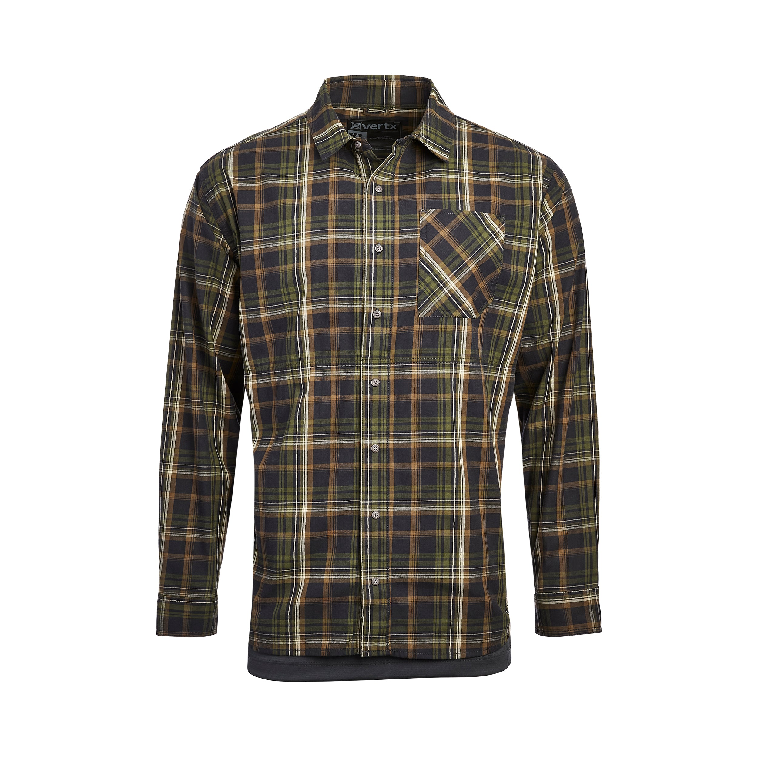 Product shot of a Vertx long-sleeved shirt featuring a dark green olive and brown plaid pattern a breast pocket and button-down collar layered over a black undershirt
