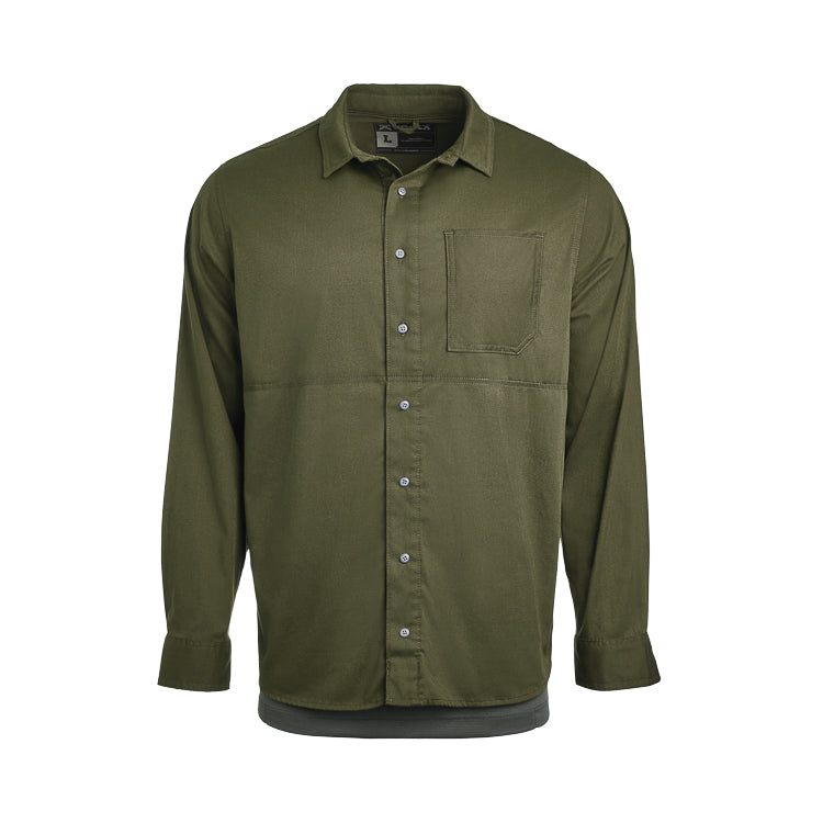 Product shot of a long-sleeved olive green button-down shirt with a patch pocket and subtle stitching details showing a relaxed fit and a layered look