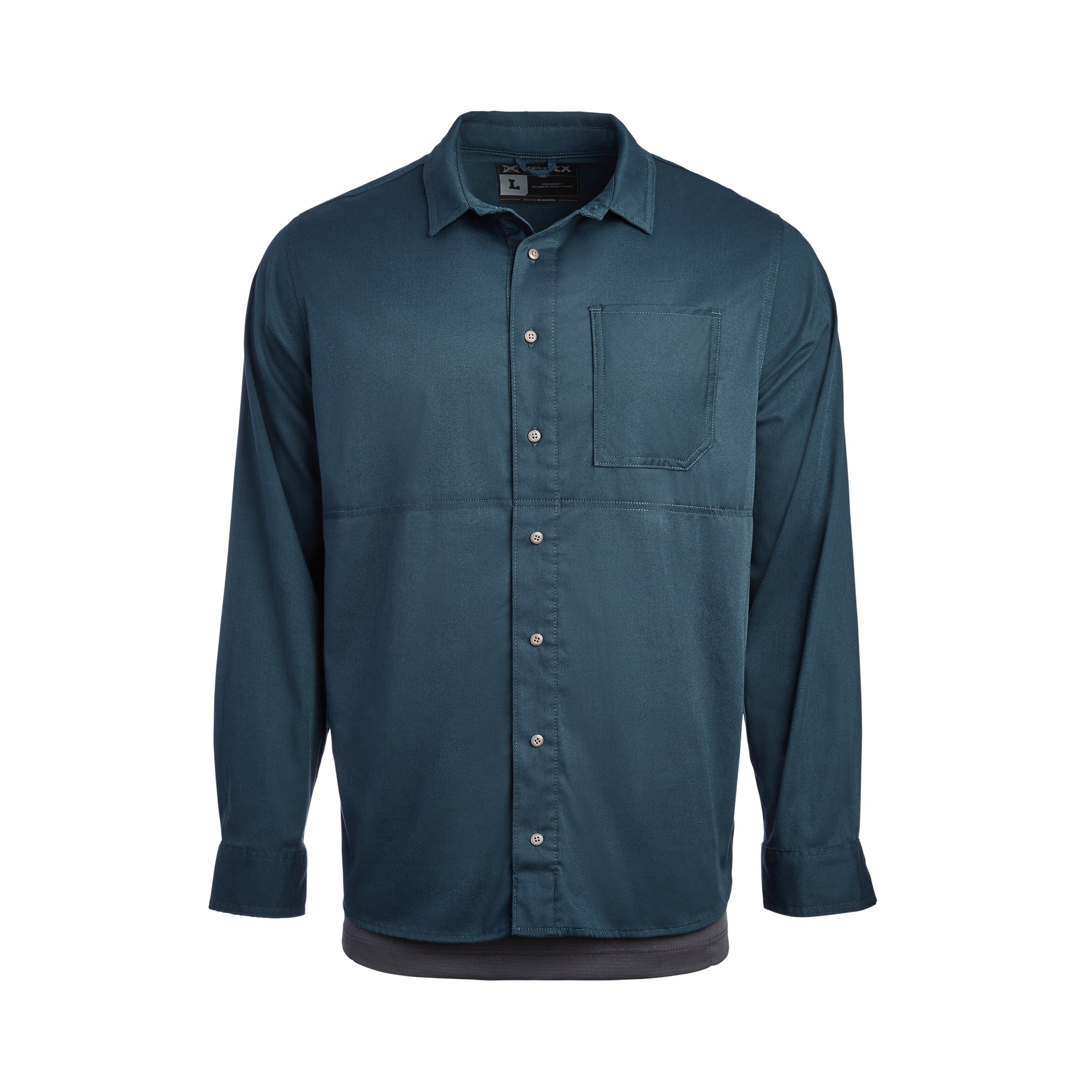 Product shot of a teal long-sleeved button-down shirt with a breast pocket and visible stitching detail showing a dark gray undershirt underneath