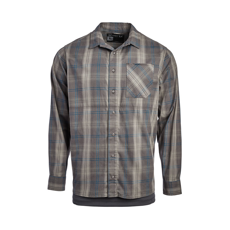 Xvertx long-sleeved gray and blue plaid shirt featuring a unique angled chest pocket and subtle stitching details shown on a white background