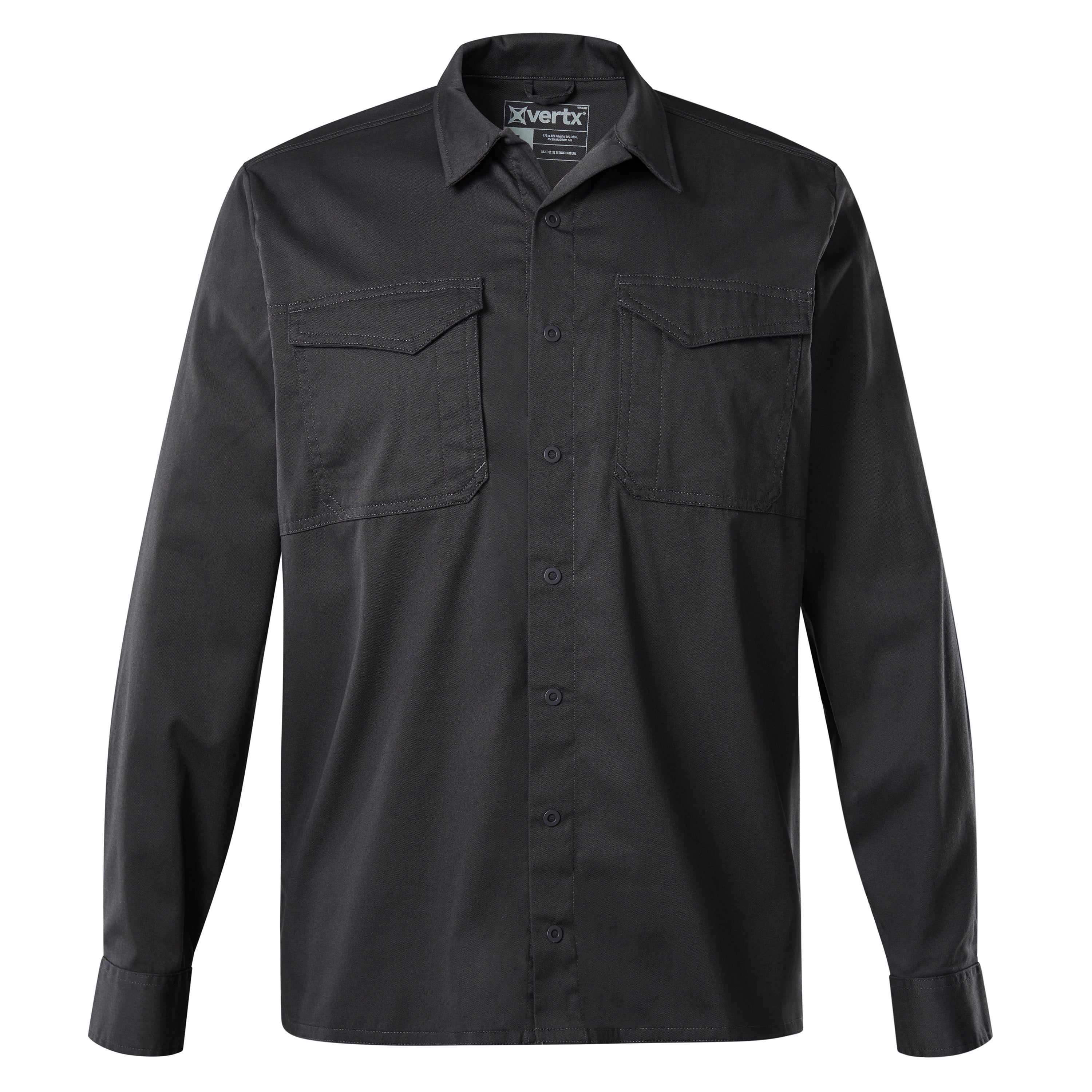Product shot of a dark gray Xvertx long-sleeve work shirt featuring two chest pockets, button-down front, and subtle stitching details