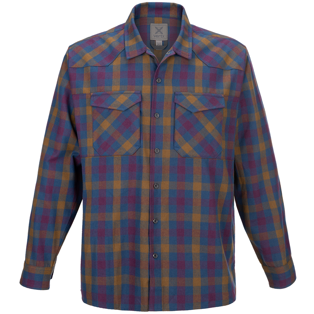 Vertex long-sleeve shirt featuring a blue purple and gold plaid pattern with two chest pockets and button-down front shown against a white background