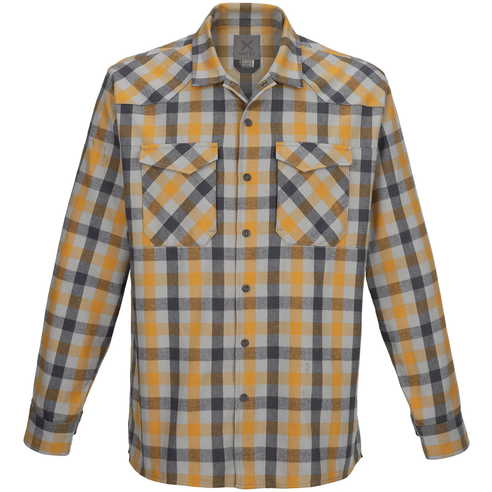 Product shot of a Vertx long-sleeve flannel shirt featuring a mustard yellow and gray plaid pattern, two chest pockets, and button-down front closure