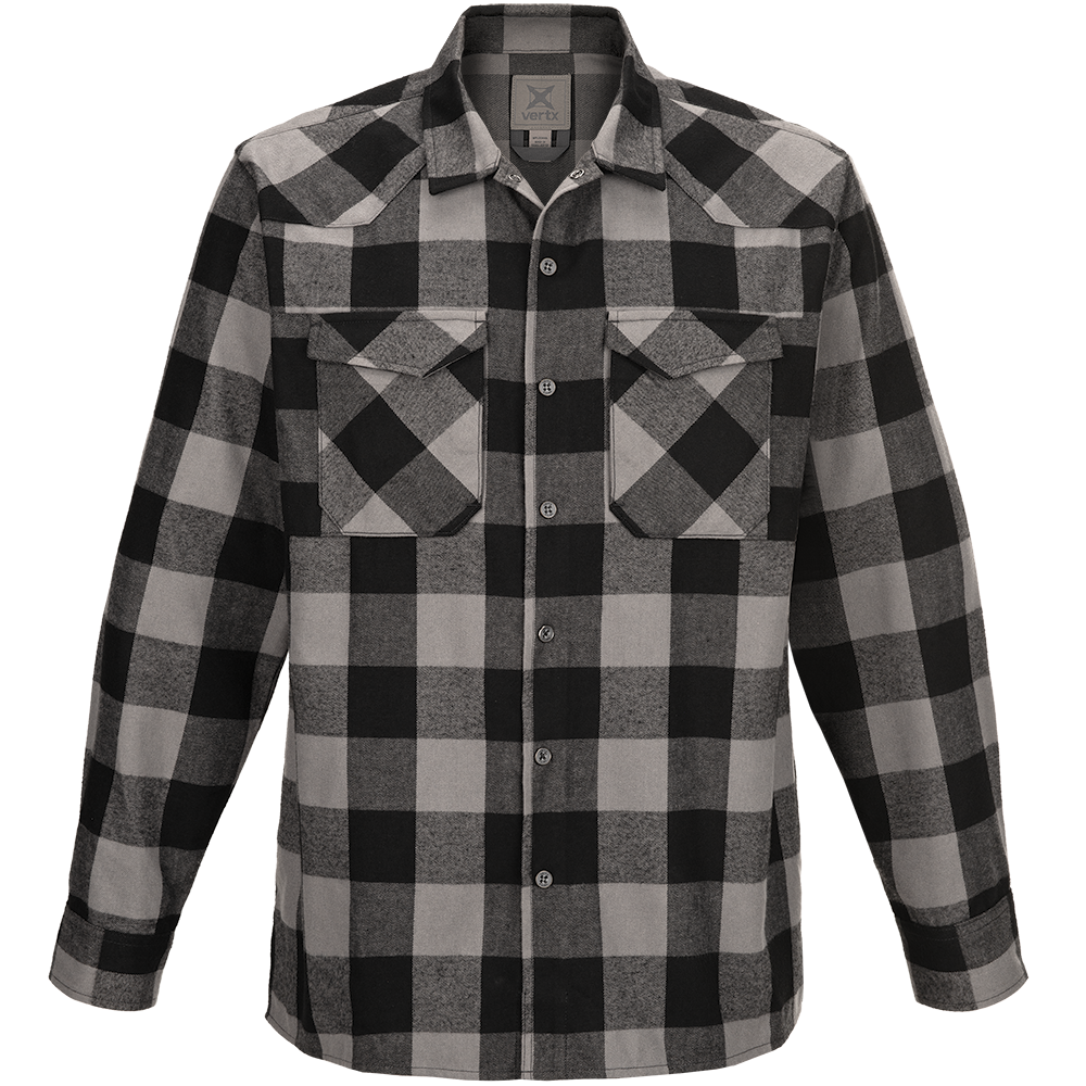 Product shot of a Vertx long-sleeved gray and black plaid flannel shirt featuring two chest pockets and a button-down front showcasing its soft texture and comfortable style