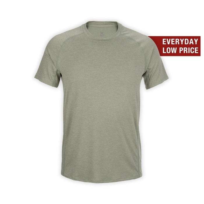 Product shot of a sage green heather short sleeve t-shirt featuring a crew neck and raglan sleeves showcasing its soft texture and subtle heathered effect