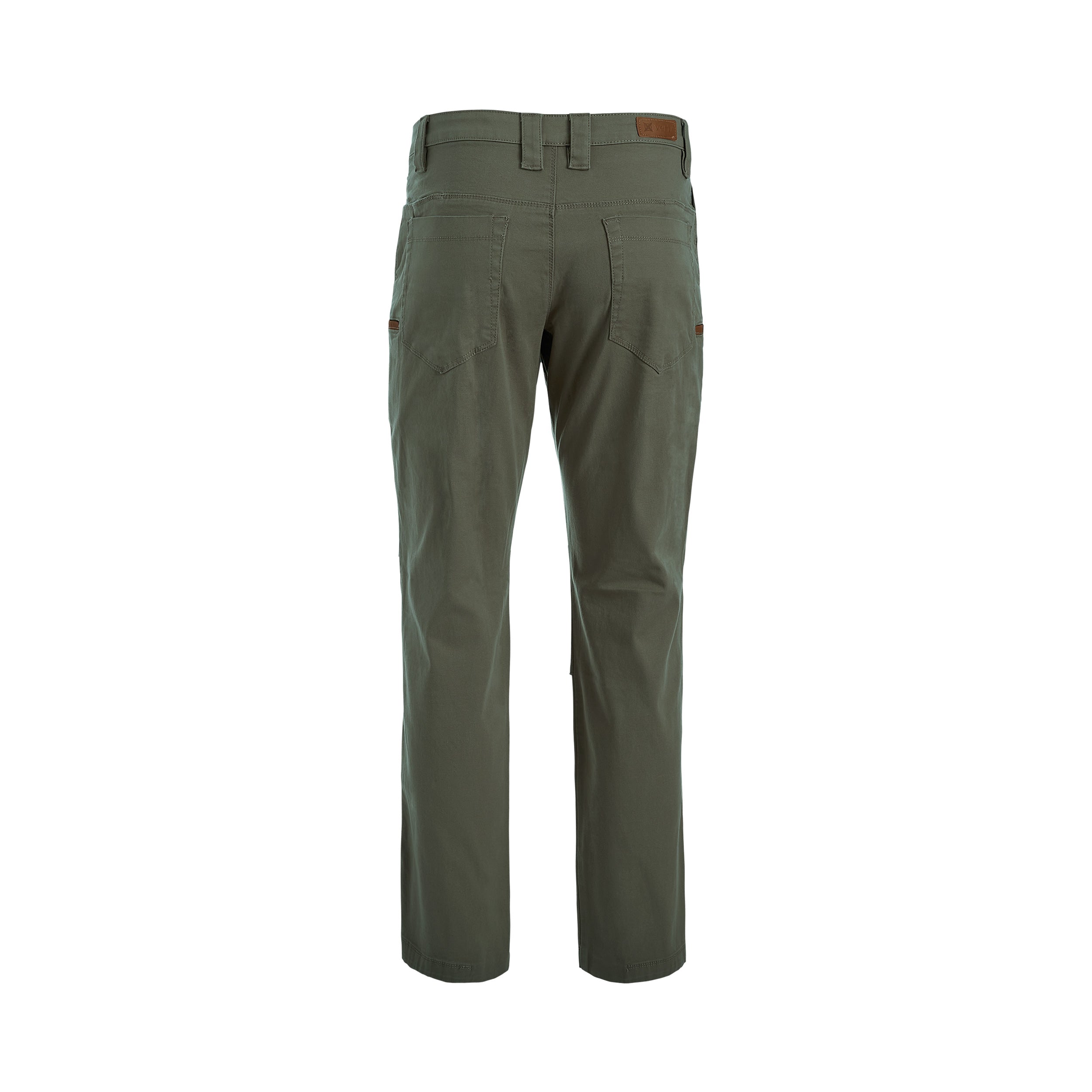 A pair of olive green men's casual pants shown from the back featuring a brown leather-like logo patch on the waistband and functional rear pockets with subtle brown side accents