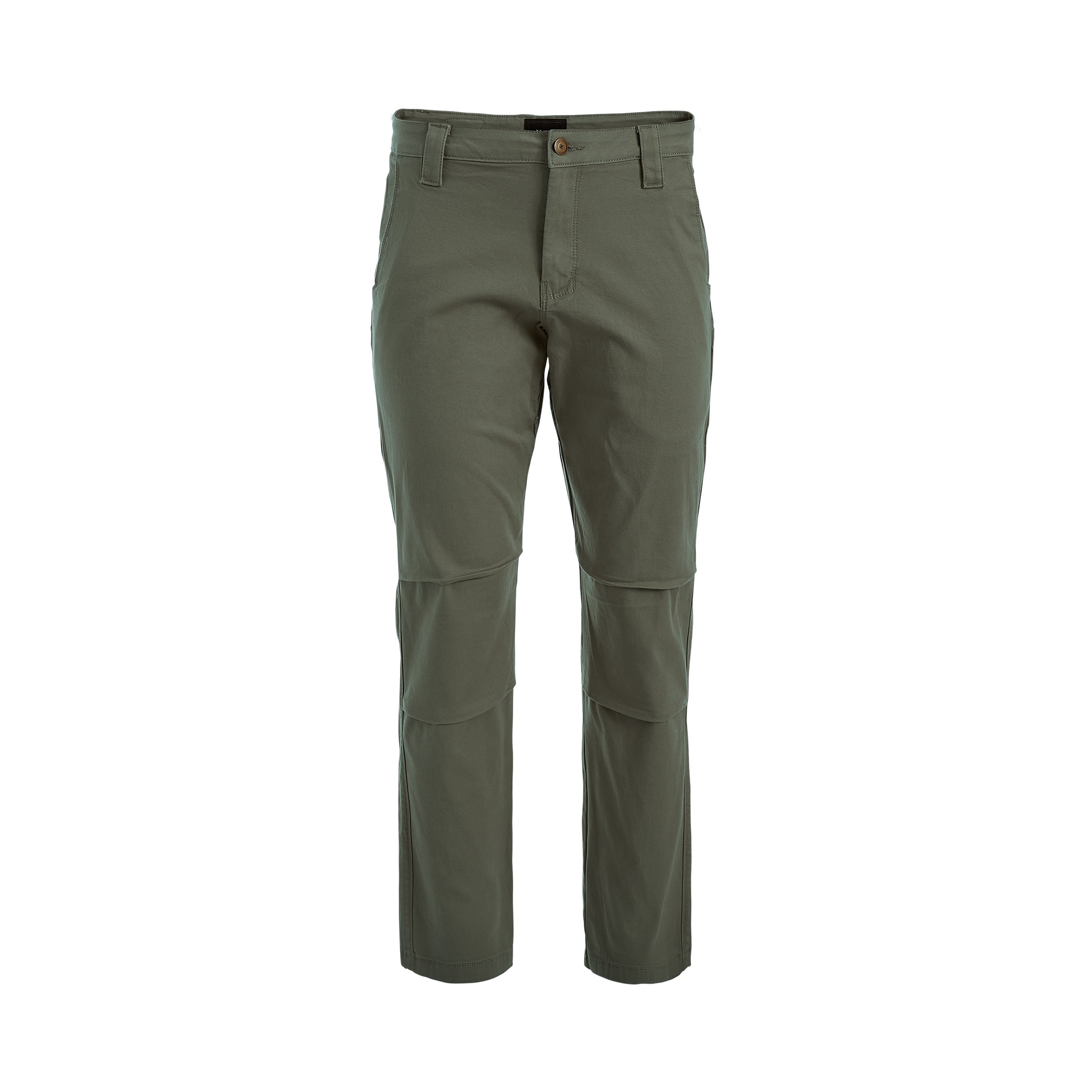 A pair of olive green cargo pants with a brown button and visible knee panels on a white background