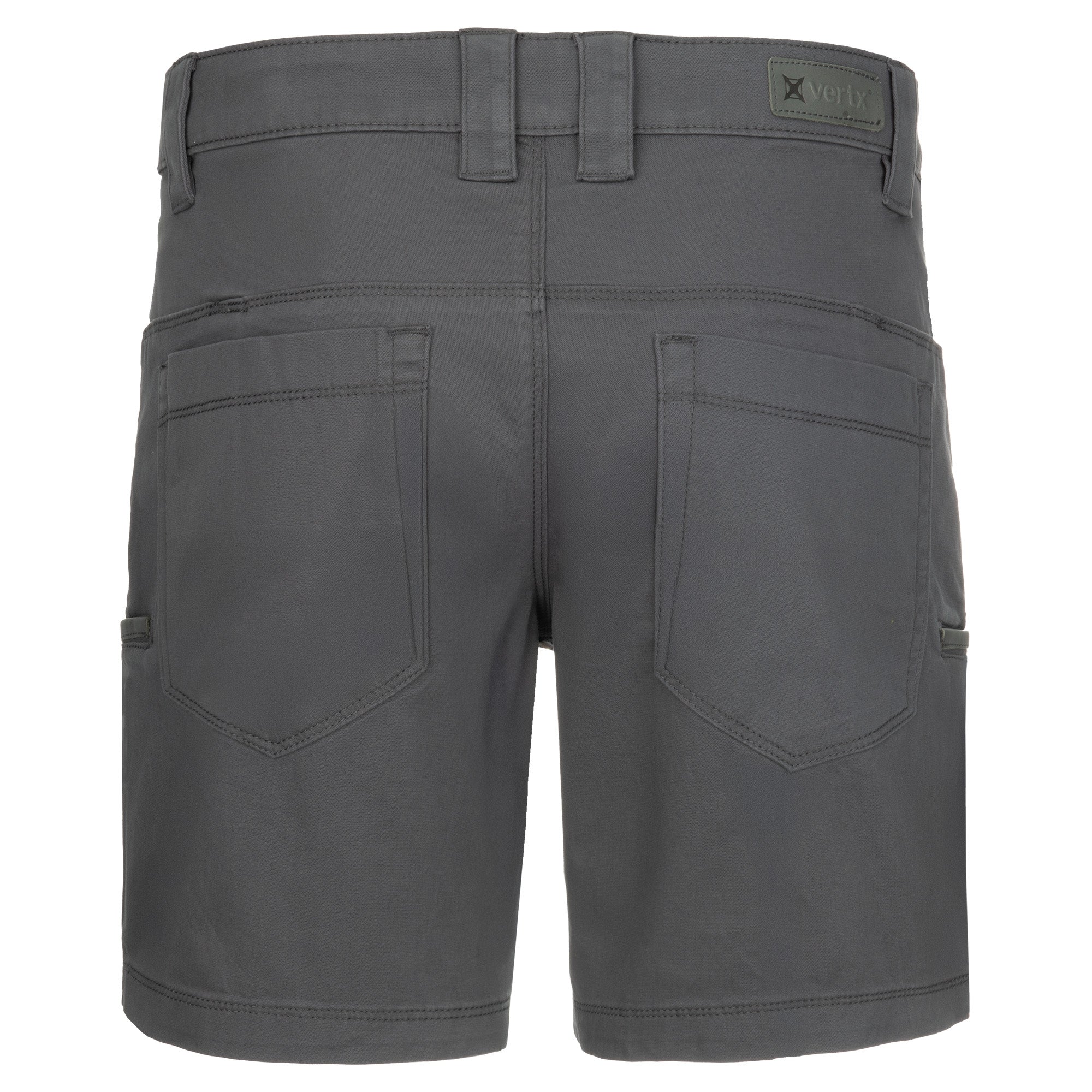 Product shot of Vertix dark gray shorts showing back pockets, waistband detail, and subtle stitching