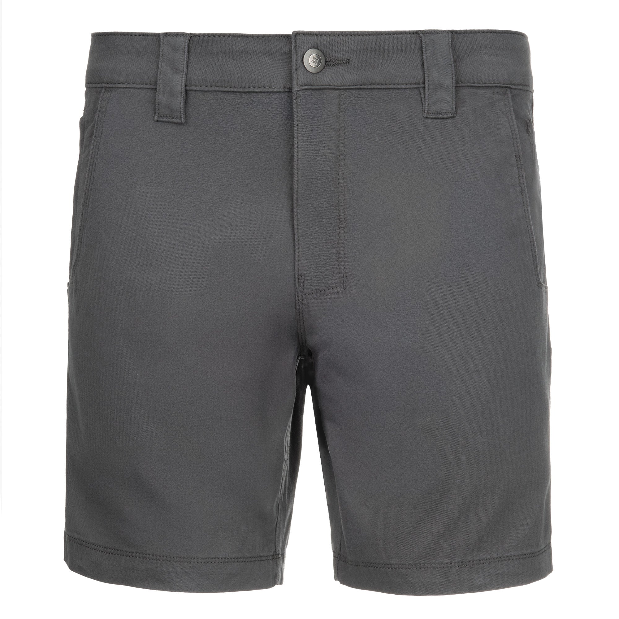 Product shot showing charcoal gray men's shorts featuring a button fly, subtle stitching detail, and two front pockets