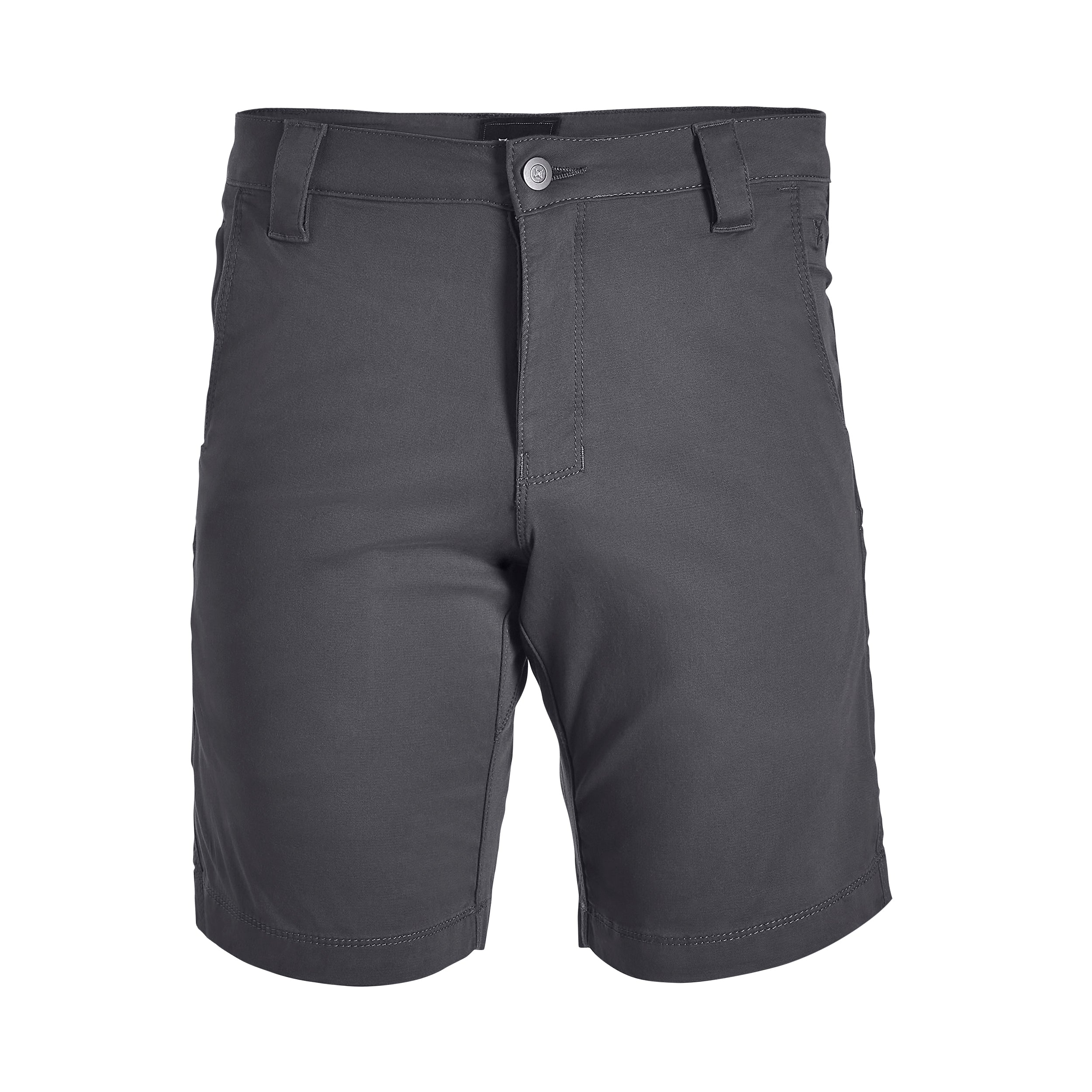 Product shot of dark gray men's shorts featuring a button fly, subtle stitching detail, and a clean hemline