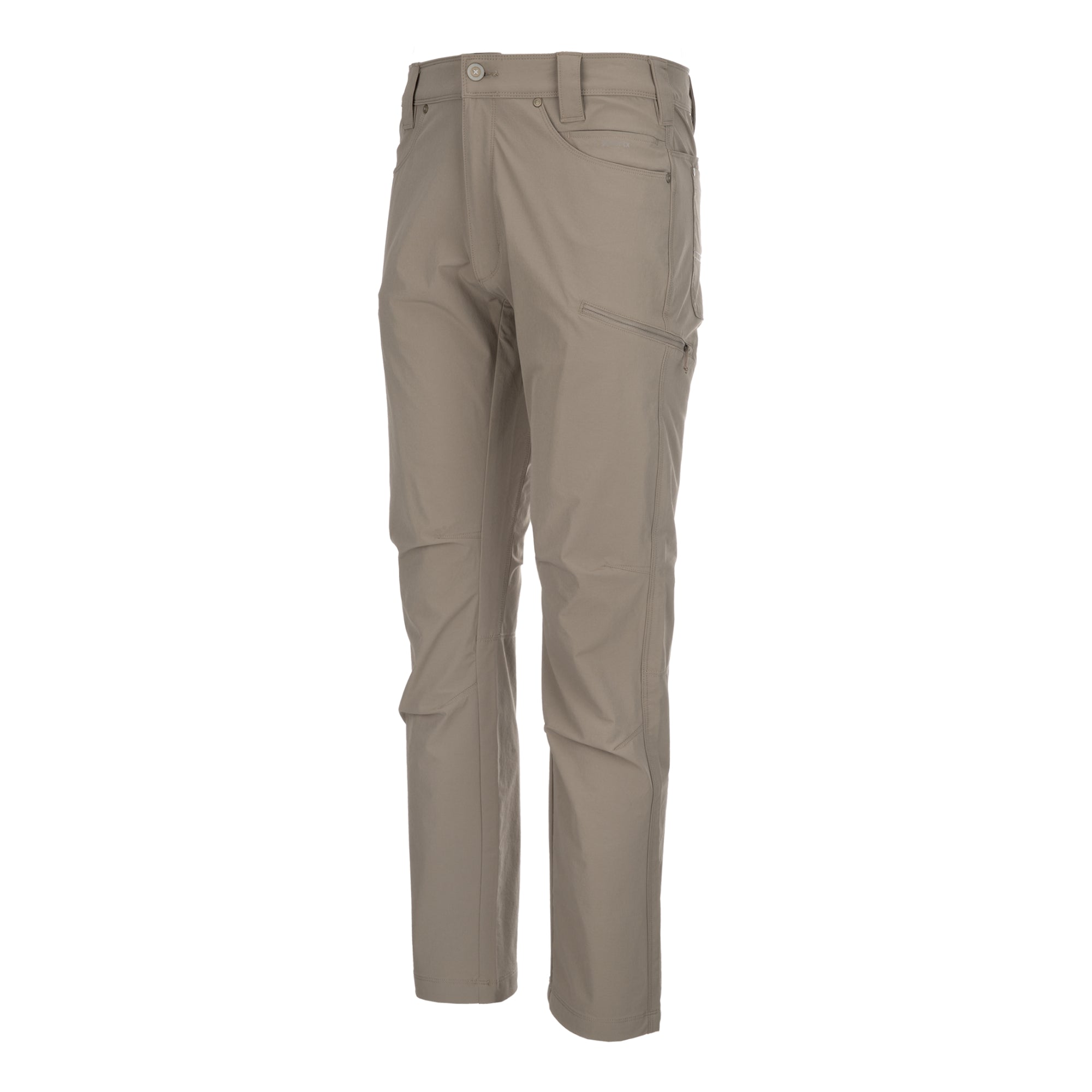 Product shot of beige men's pants featuring multiple pockets, a buttoned waist, and subtle fabric texture showcasing a streamlined design against a white background