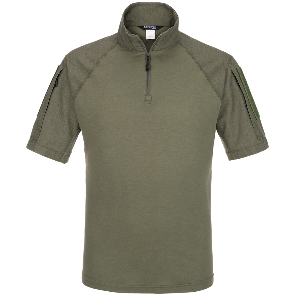 Product shot of a XVERTEX olive green short sleeve shirt featuring a half zip closure, raglan sleeves and small velcro patches on the arms