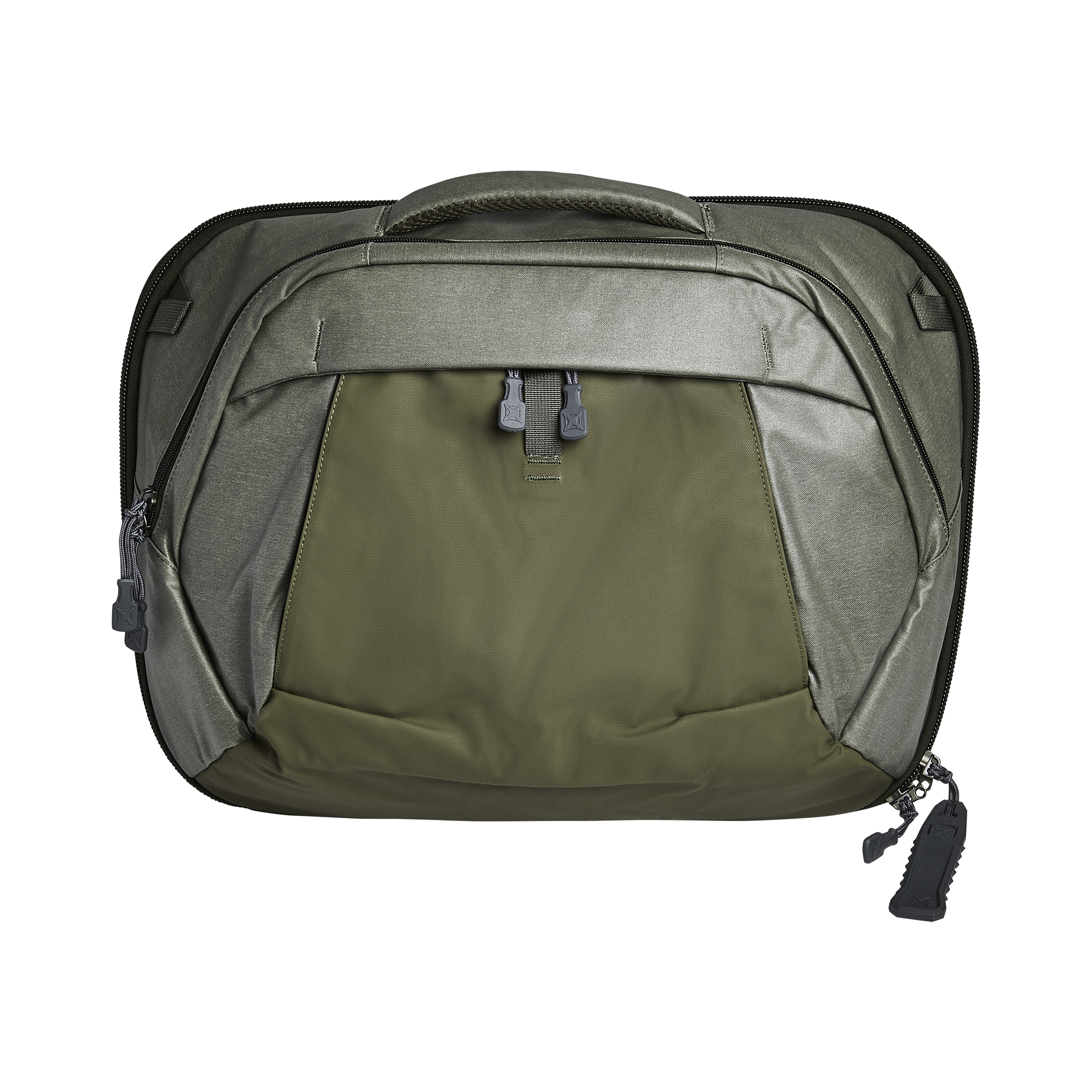 Product shot of Peak Design Travel Backpack in olive green featuring a top handle, two-way zippers with unique pull tabs, and a textured fabric with subtle sheen