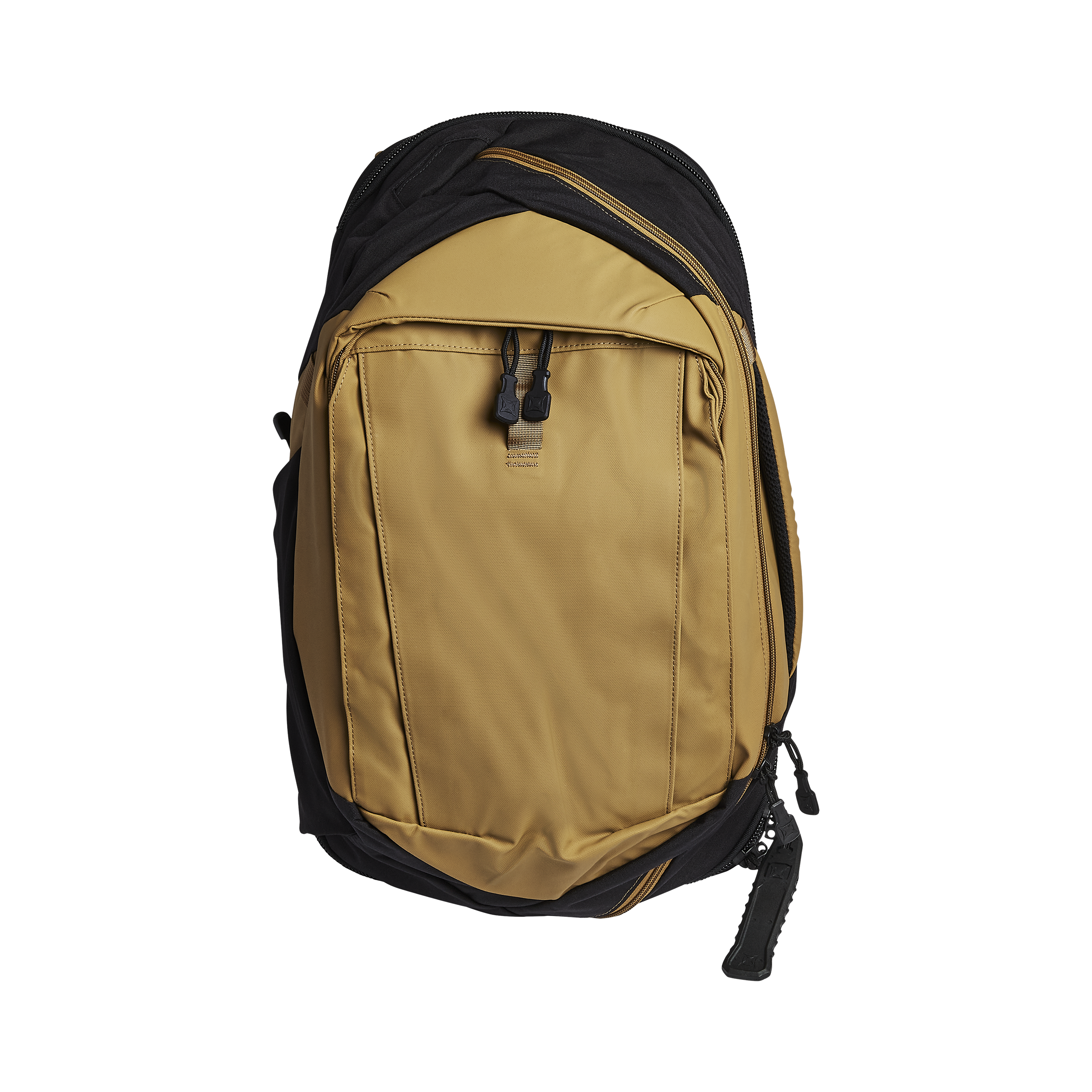 Product shot of a tan and black Columbia backpack featuring two-toned zippers, adjustable straps, and a sleek design