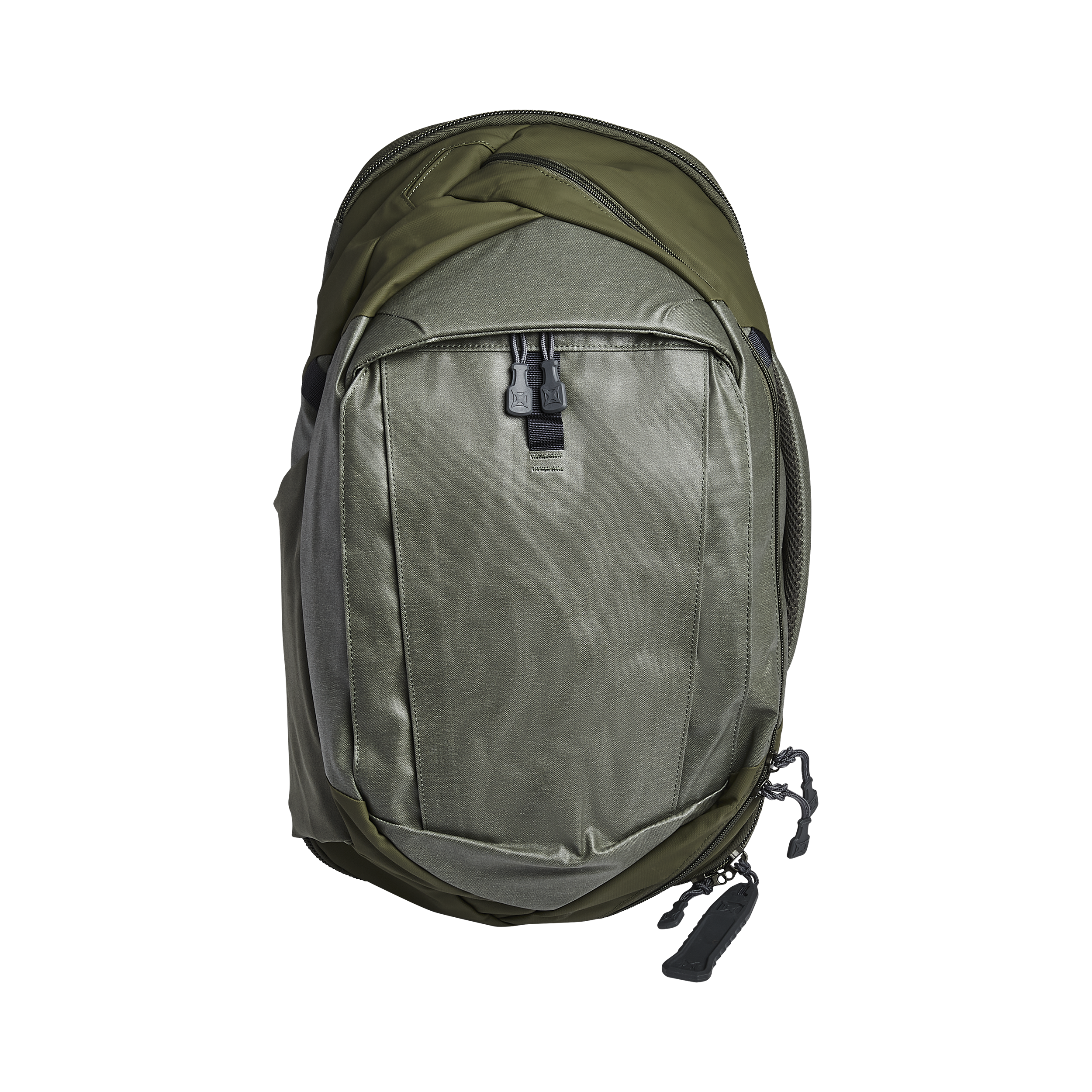 Product shot of a green backpack featuring a textured fabric, black zippers, and unique branded zipper pulls