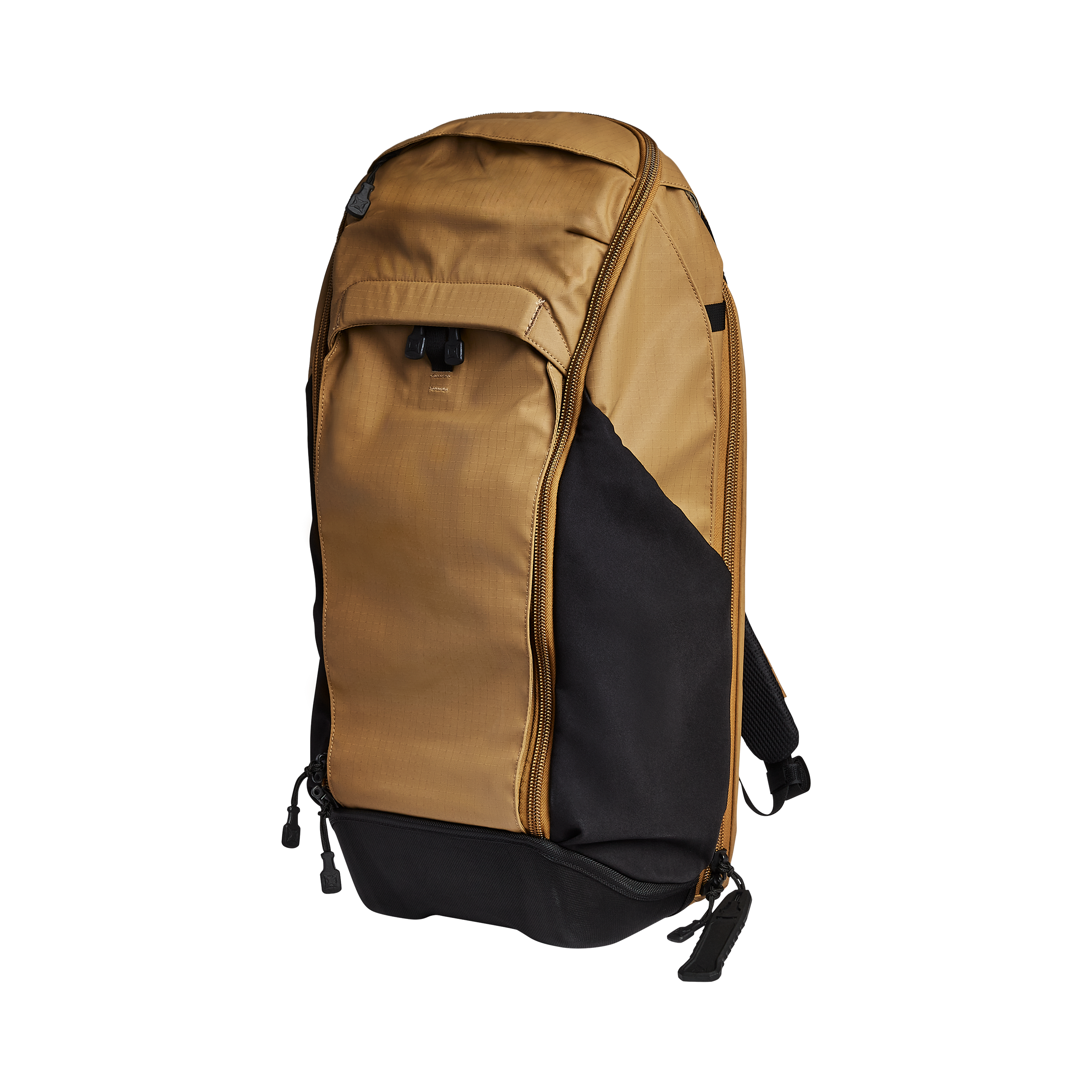 Product shot of a tan and black backpack featuring gold zippers and a textured fabric with padded bottom