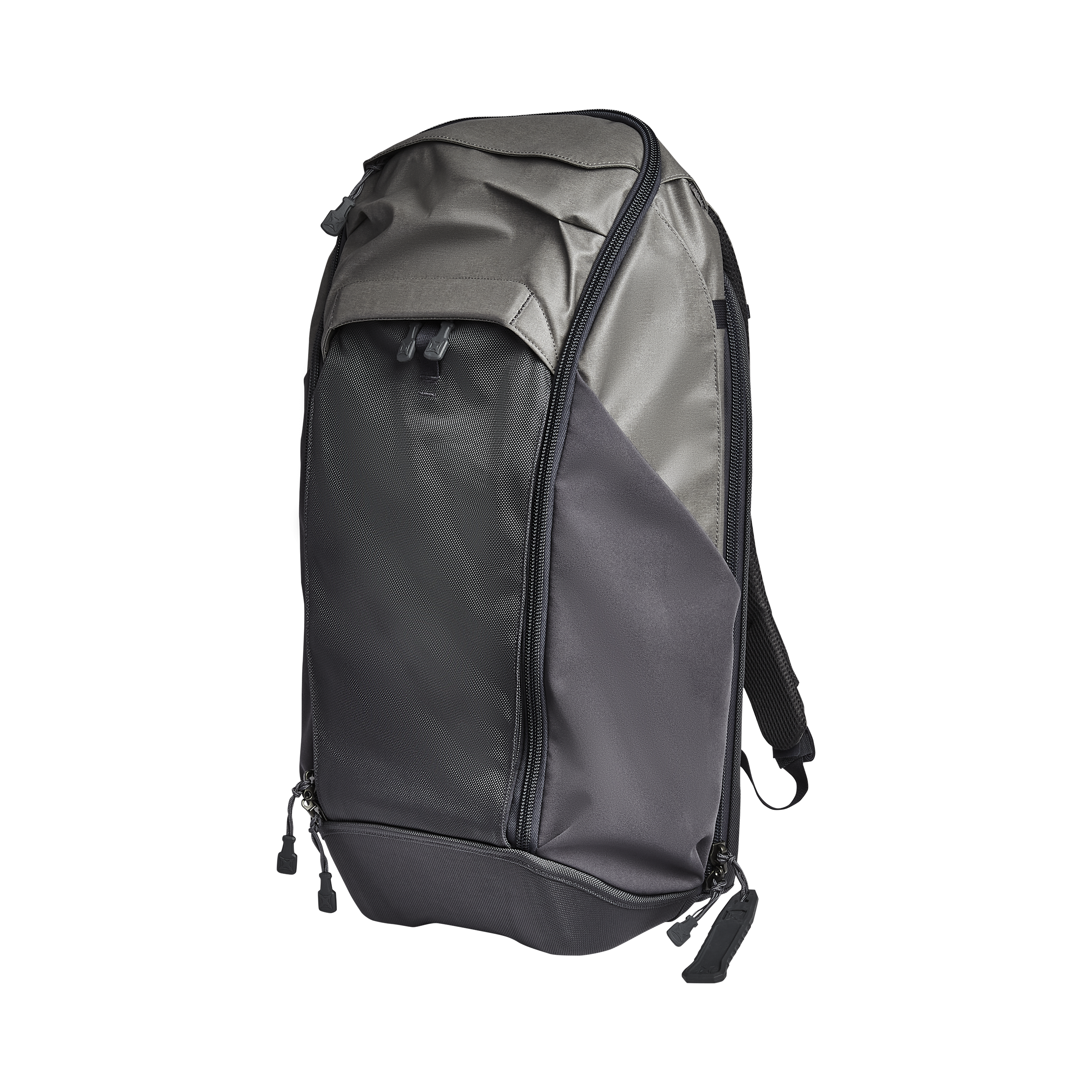 Product shot of a gray and black Peak Design Travel Backpack showcasing its durable fabric, multiple zippered compartments, and comfortable padded straps