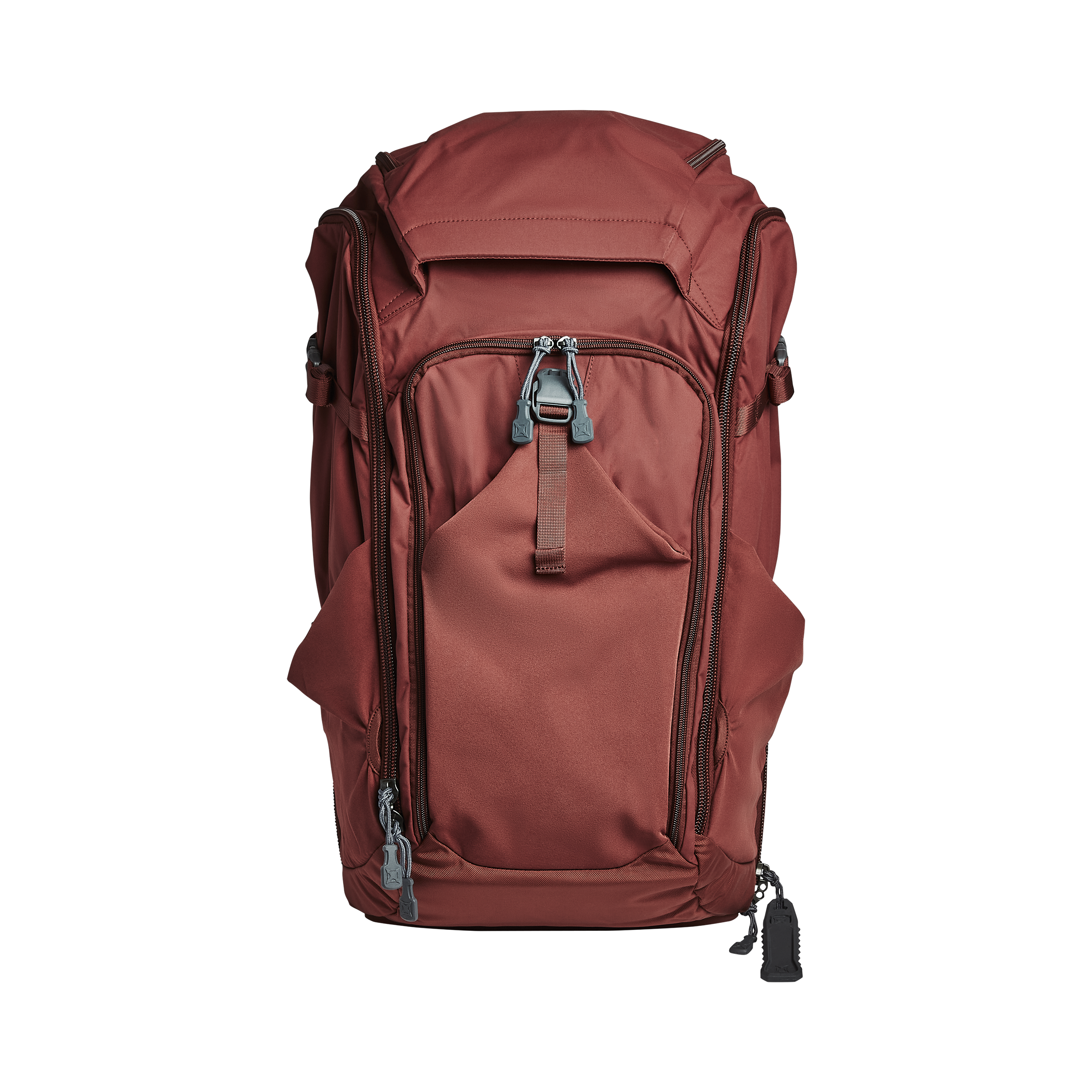 Product shot of a burnt-orange Peak Design Travel Backpack featuring grey zipper pulls, a large front pocket and adjustable sternum straps
