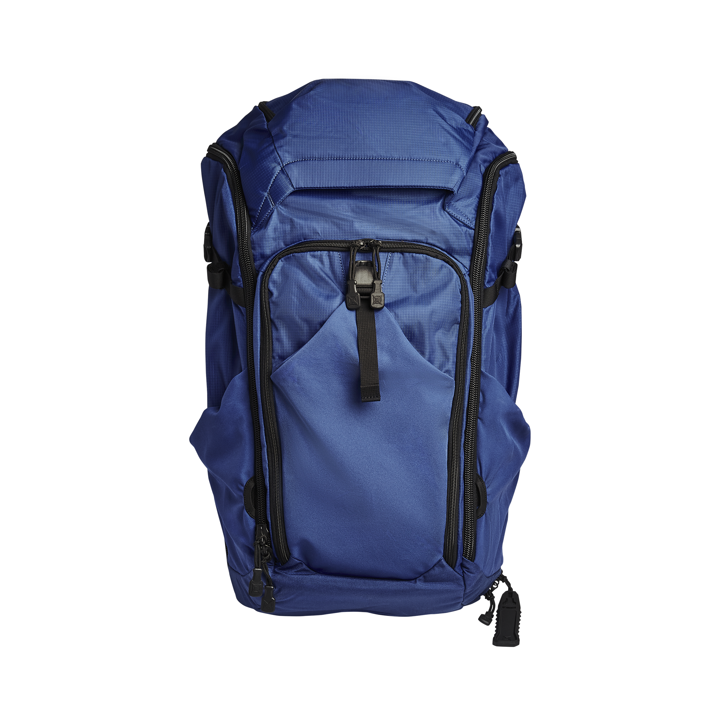 Product shot of a blue backpack featuring multiple zippered compartments, black accents and sturdy straps