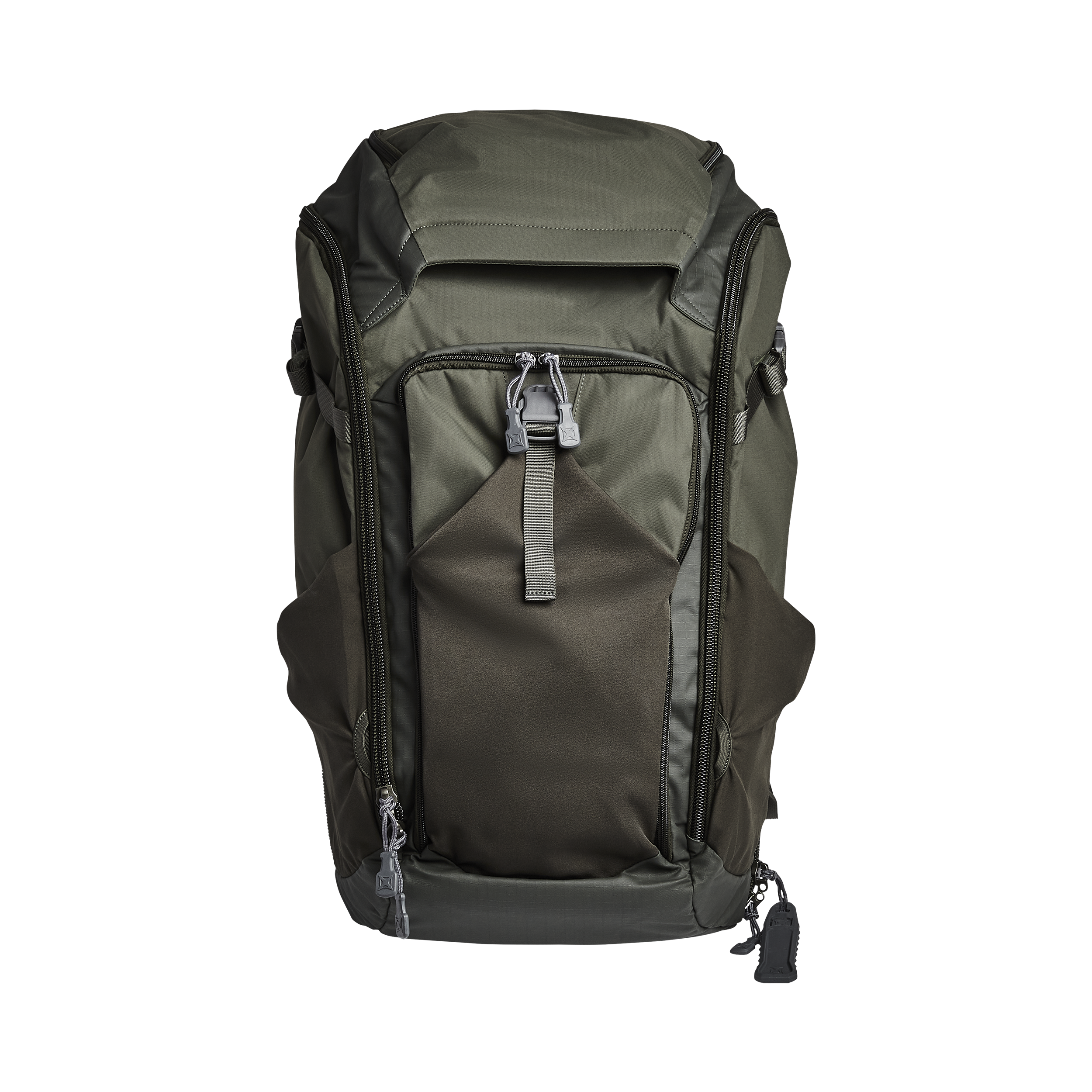 Product shot of a dark olive green backpack featuring multiple zippered compartments, gray accents on the zippers and straps, and a unique lower front pocket