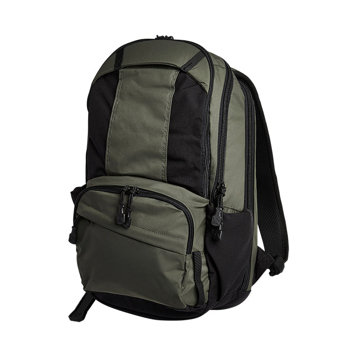 Product shot of a green and black nylon backpack featuring multiple zippered compartments and adjustable straps