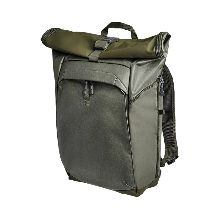 Product shot of a Peak Design Everyday Backpack in olive green featuring a roll-top closure, grey zippers and adjustable straps