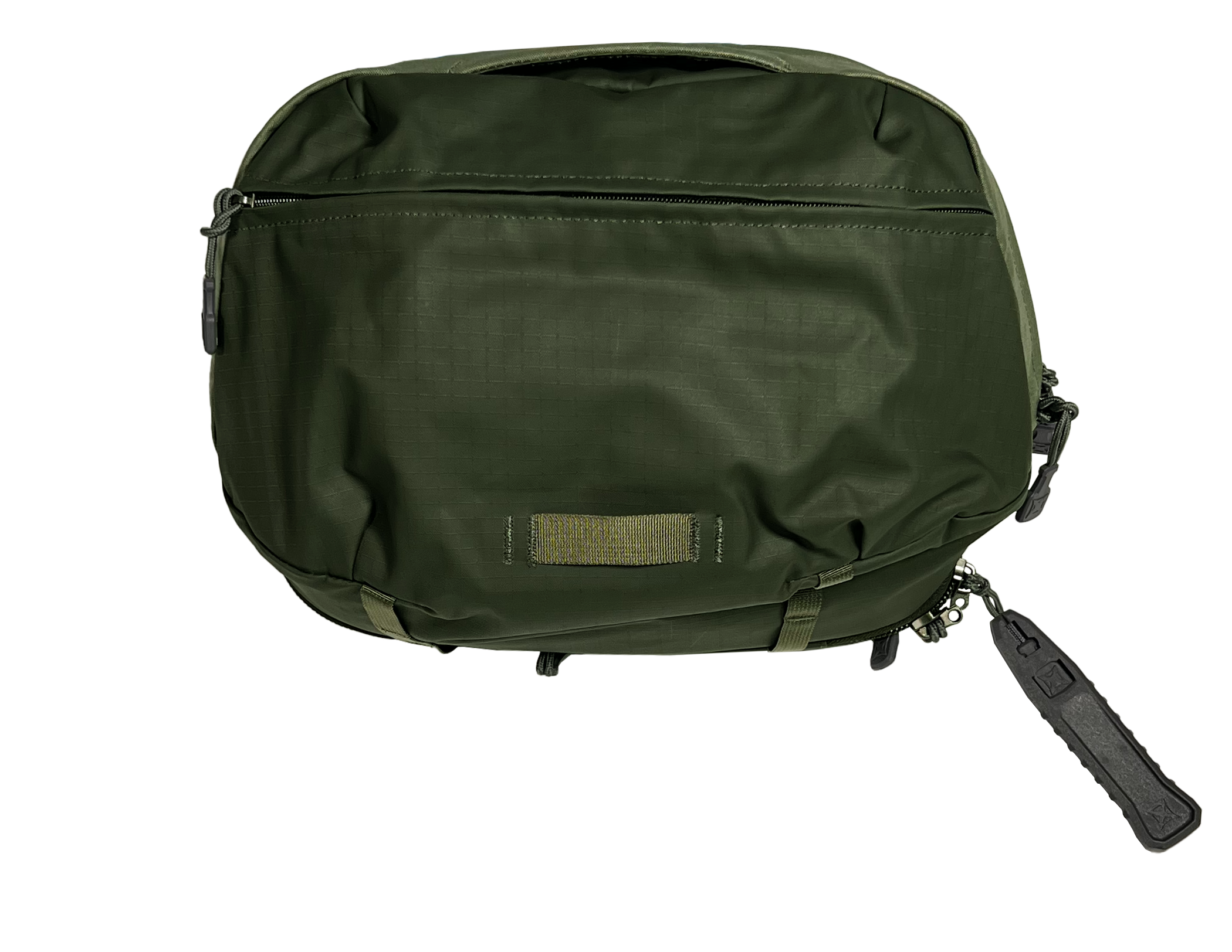 Product Photography: A dark olive-green Topo Designs Klettersack backpack with a textured fabric, olive-green accent straps, and a unique black zipper pull.