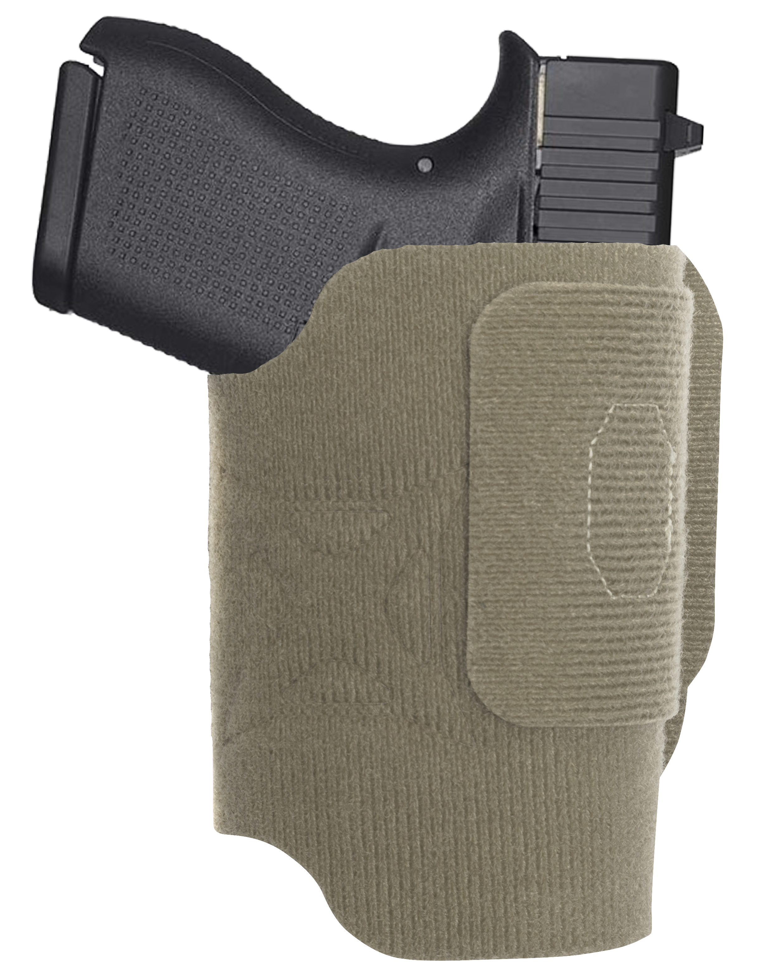 Product shot showing a black handgun in a tan fabric ankle holster featuring textured fabric, subtle stitching, and a secure Velcro closure