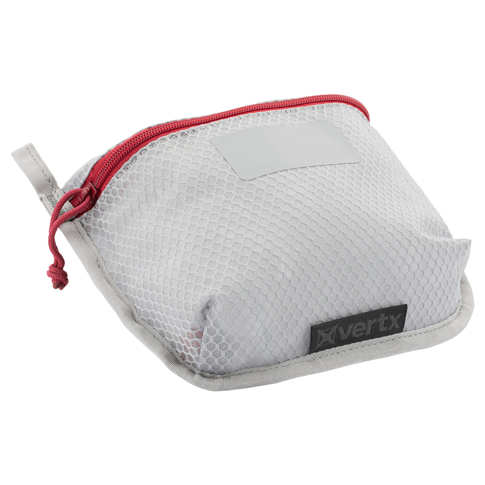 Product shot of a Vertax gray mesh zippered pouch with a red zipper pull and a gray label showing a unique honeycomb texture and a sturdy construction