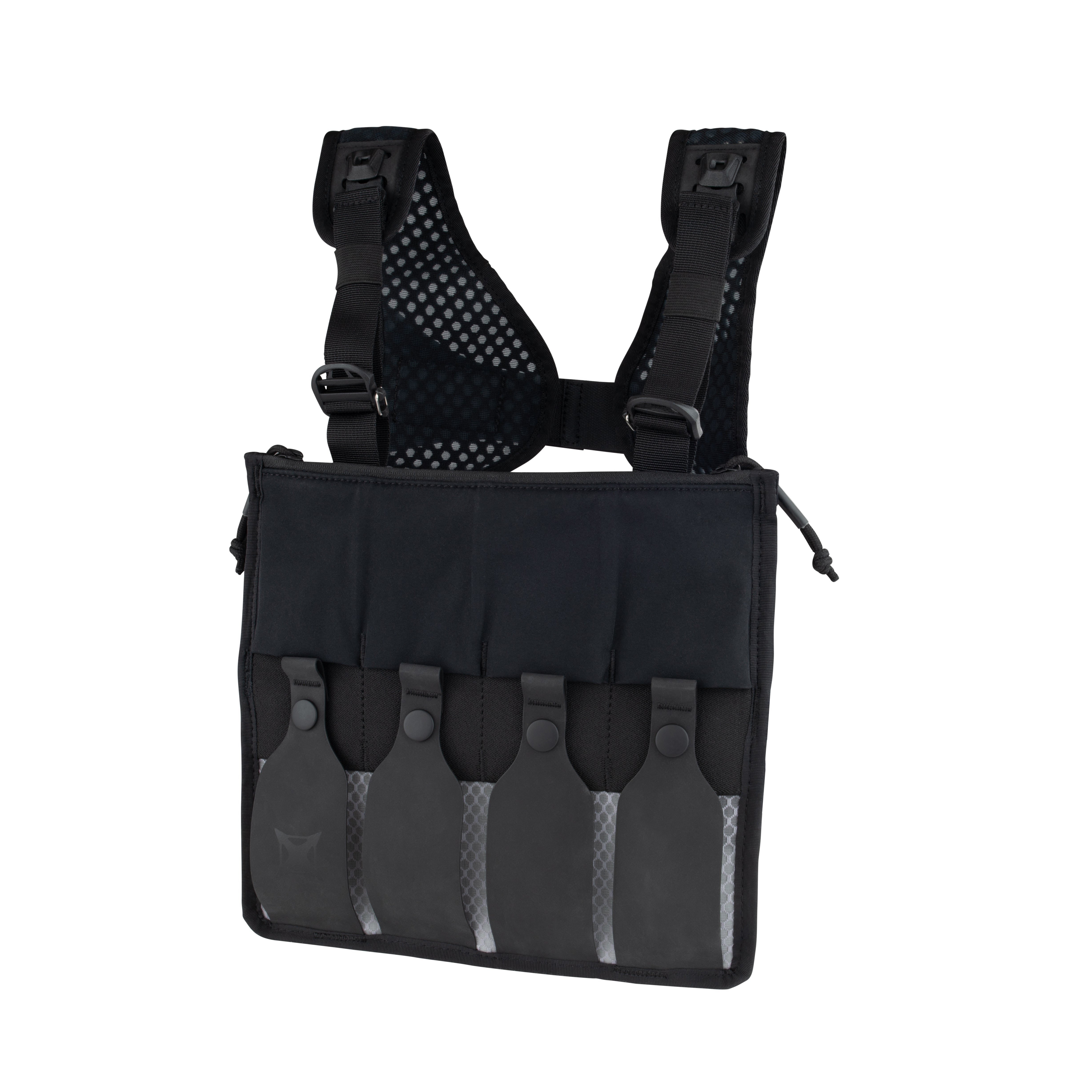 Product shot of a black  tactical vest with four black pouches, adjustable straps, and breathable mesh back paneling
