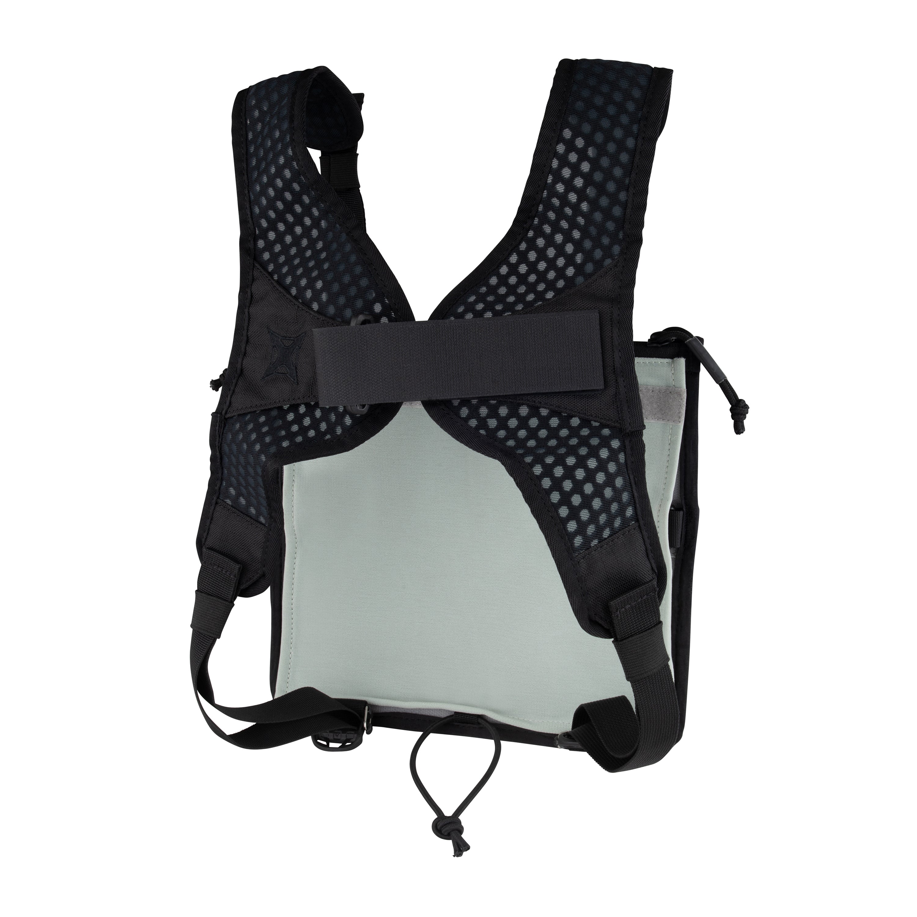 Product shot of a black and light-grey chest rig with adjustable straps, a drawstring closure, and a unique dotted pattern on the shoulder straps.