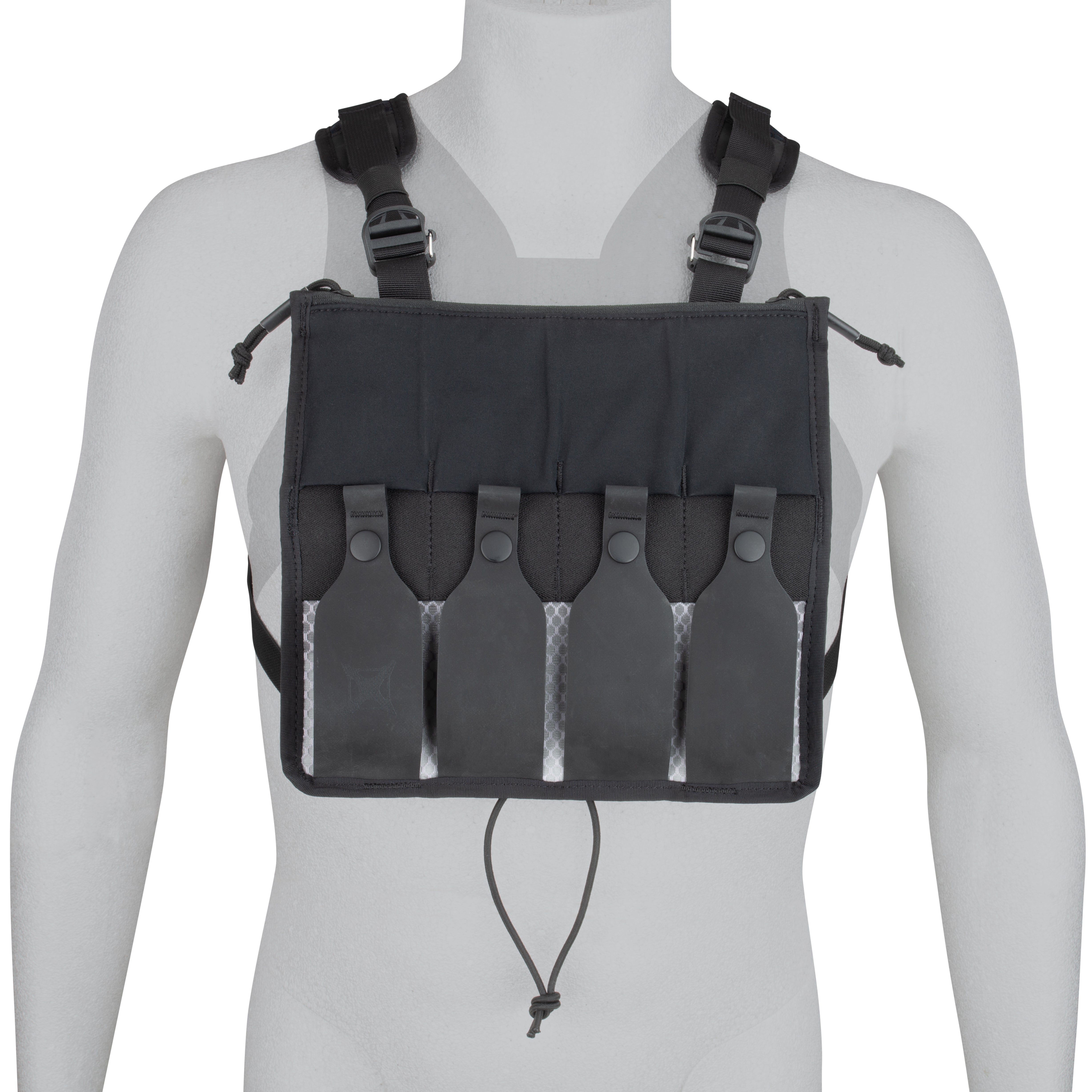 Product shot showing a black tactical chest rig with four pouches and adjustable straps on a mannequin torso featuring gray accents and a textured drawstring