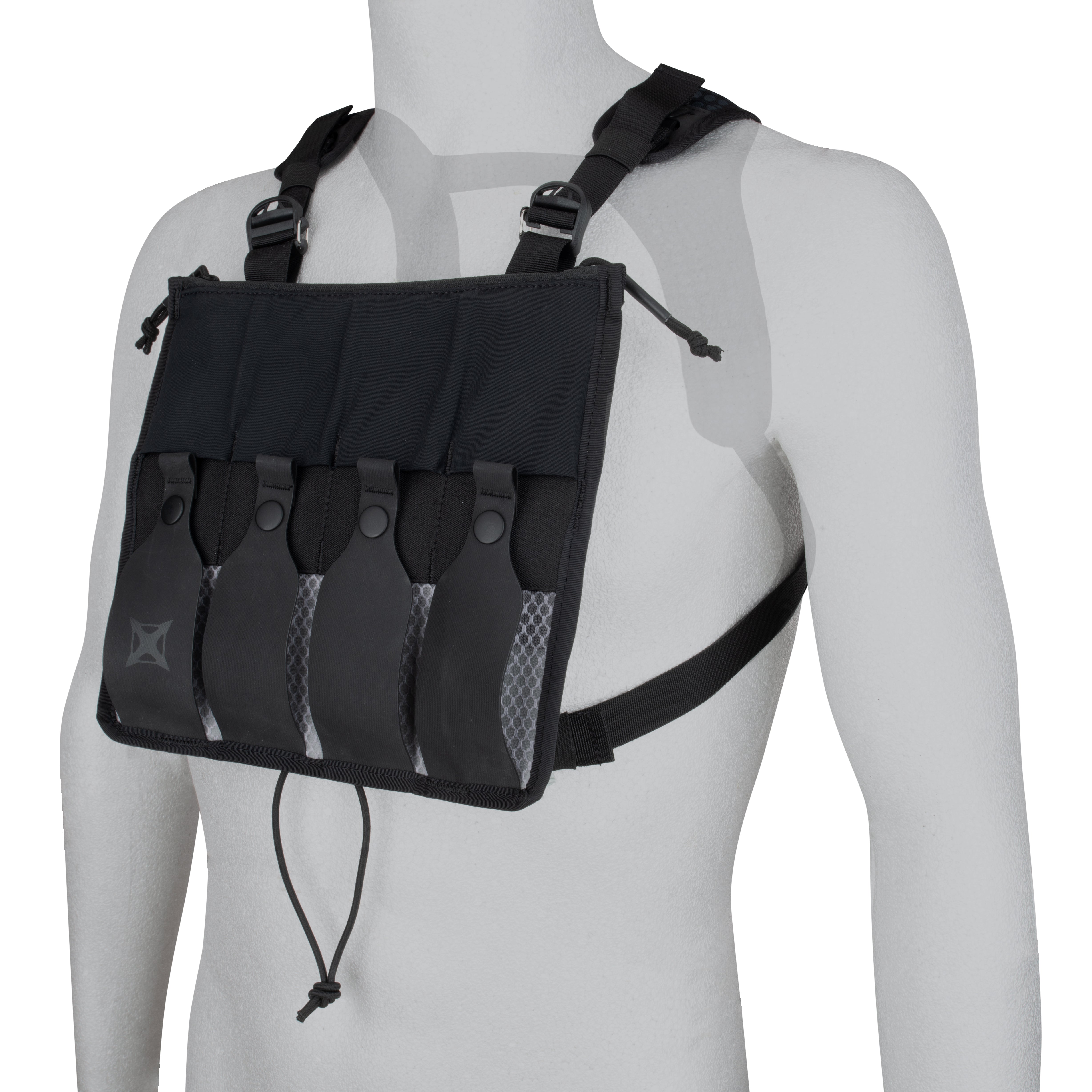 Product shot of a black chest rig with four pouches, adjustable straps, and a grey honeycomb detail on a mannequin torso