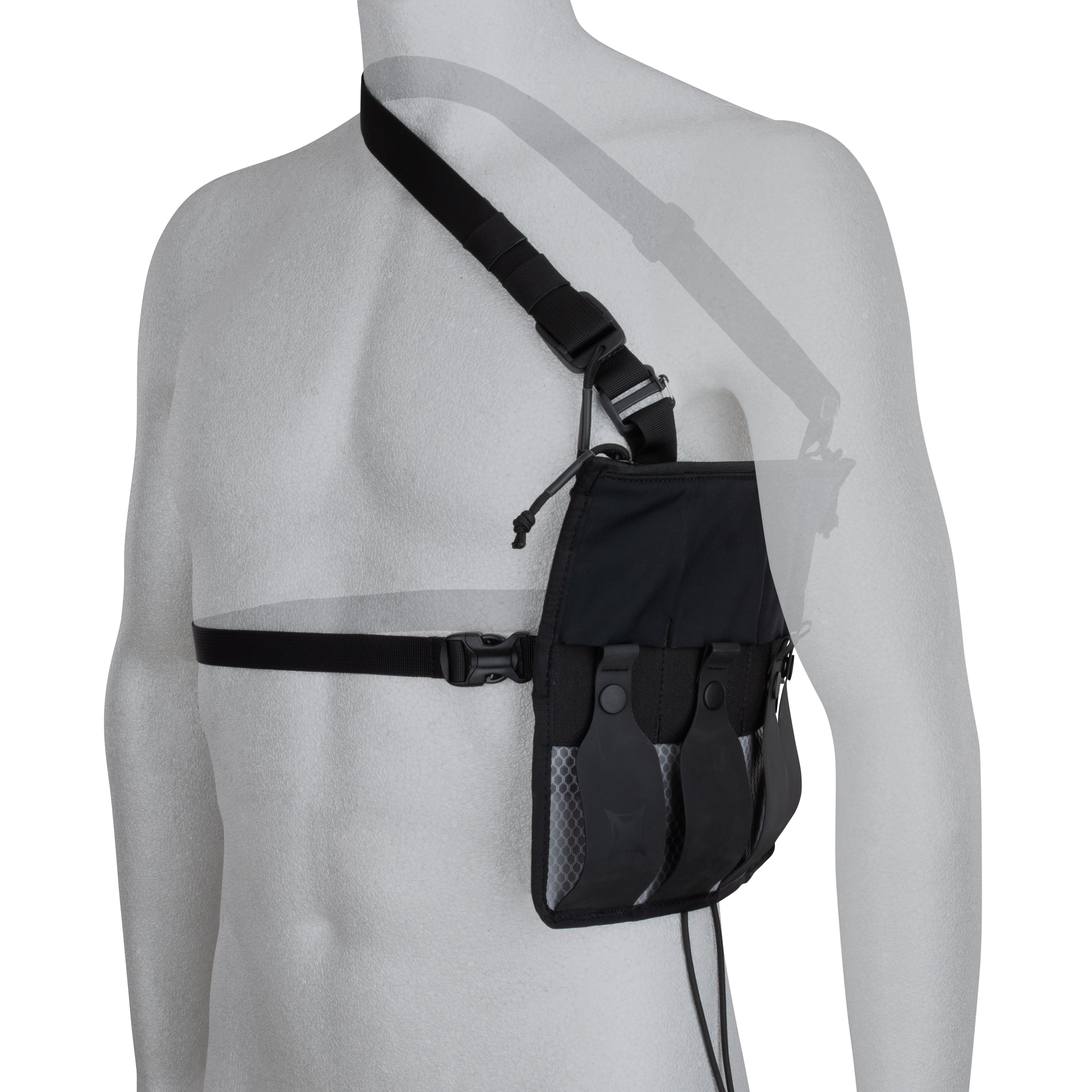 Product shot showing a black chest rig with adjustable straps and three gray pouches on a gray mannequin torso.