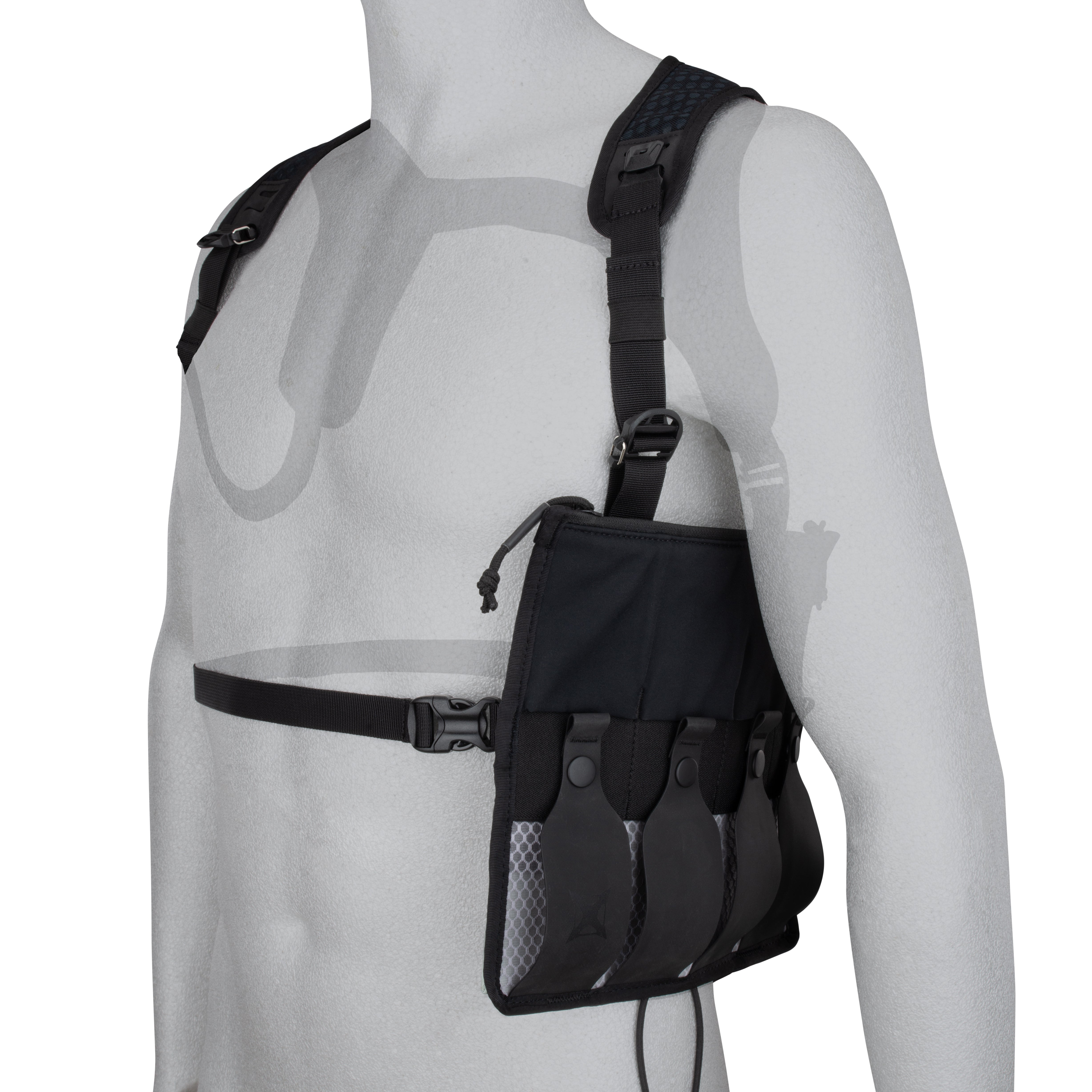 Product shot of a black chest rig with adjustable straps, a gray mesh panel, and three black pouches featuring a unique logo.