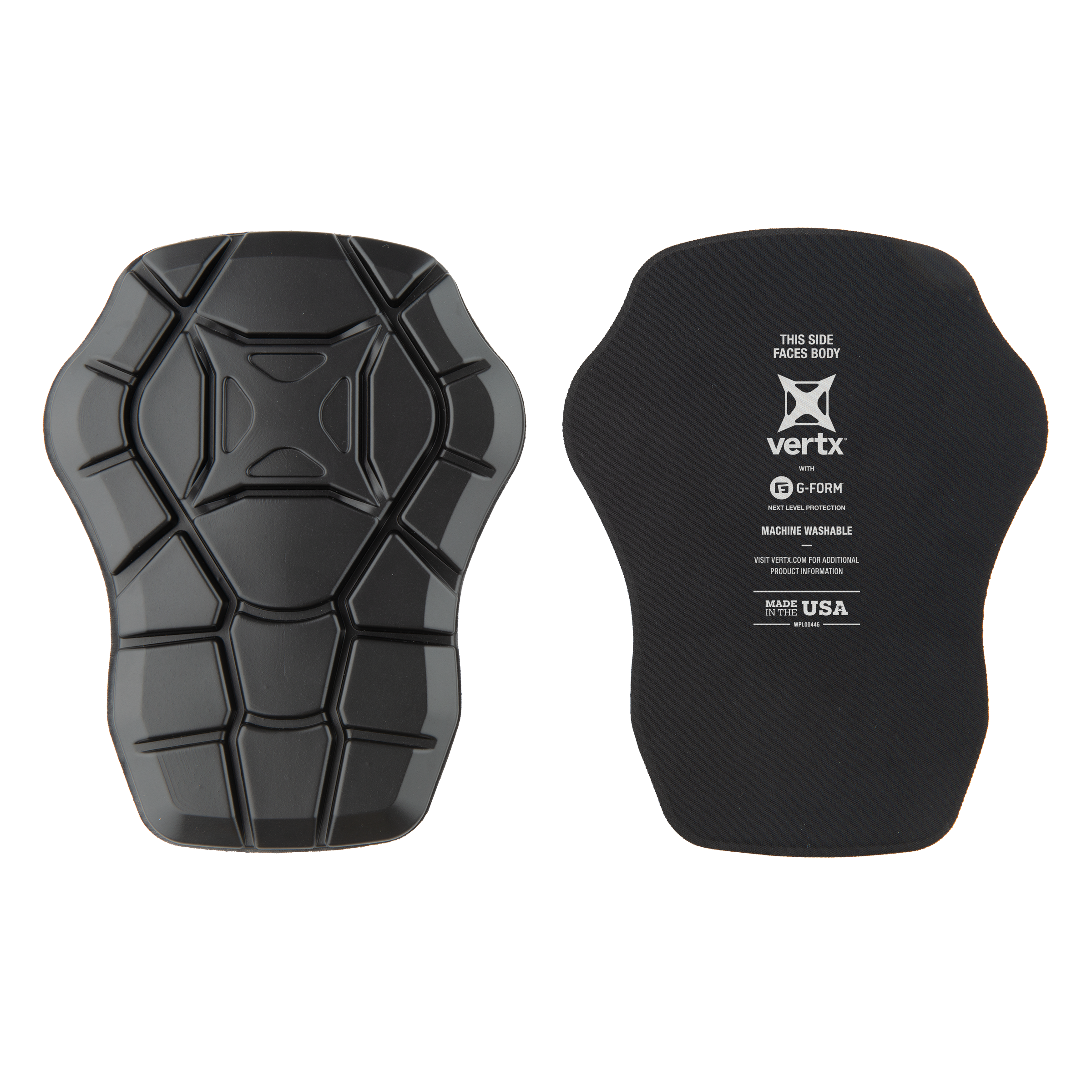 Product shot showing a pair of black Vertx body armor pads with G-Form next level protection featuring a unique honeycomb pattern and machine washable design made in the USA