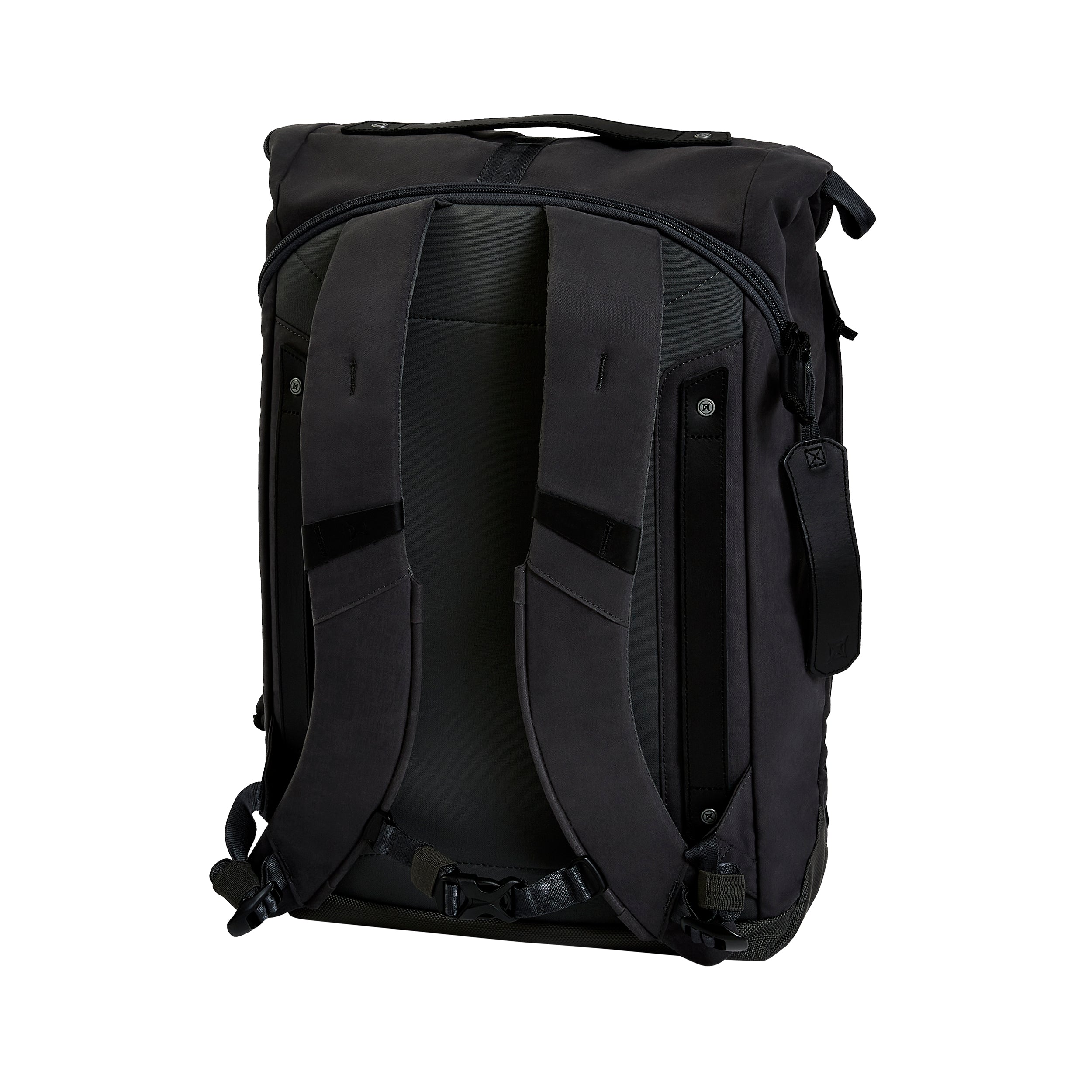 Product shot of a dark gray backpack featuring padded shoulder straps, a top handle, and a small external pocket with a subtle logo