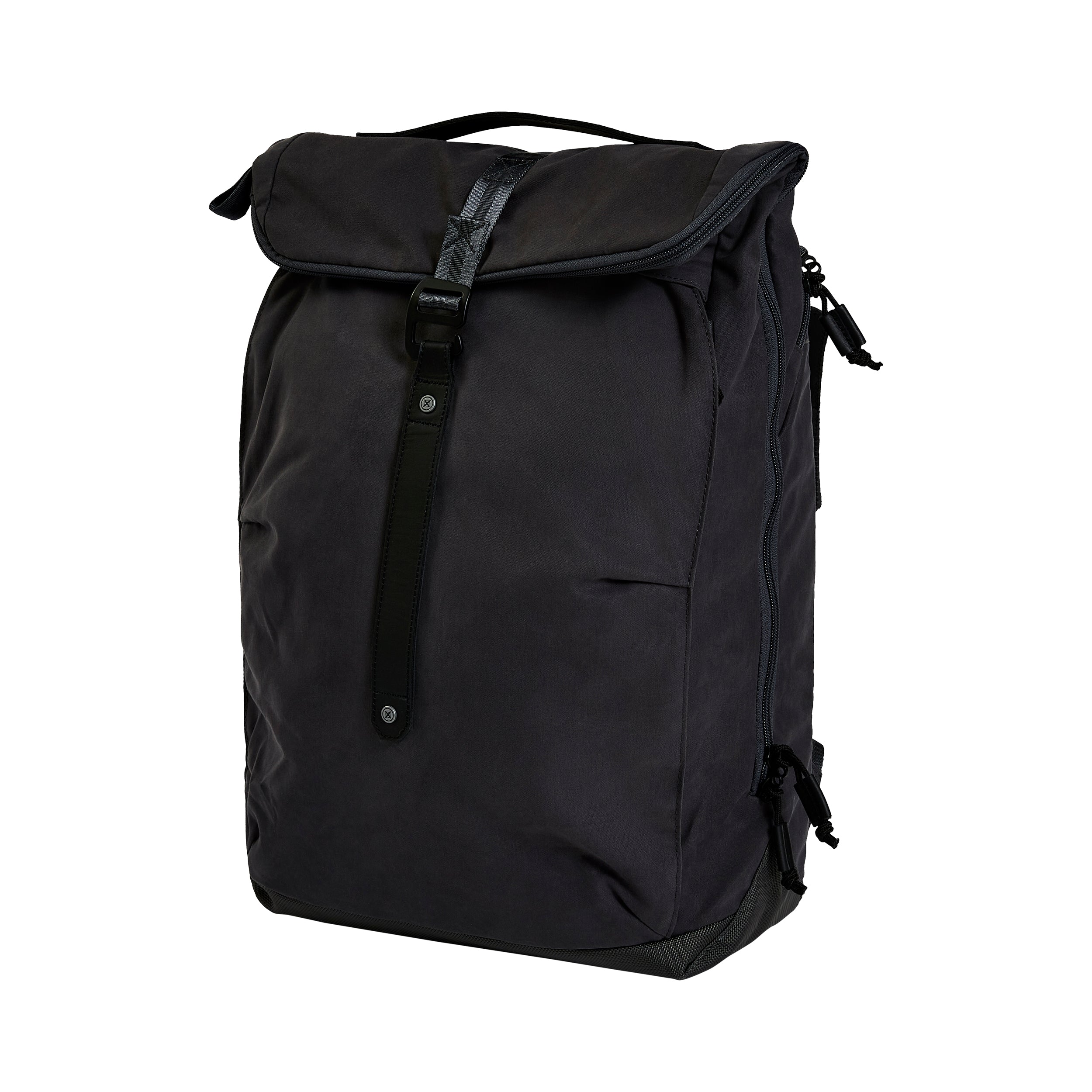 Product shot of a black roll-top backpack featuring a leather strap, grey accent webbing, and side compression straps