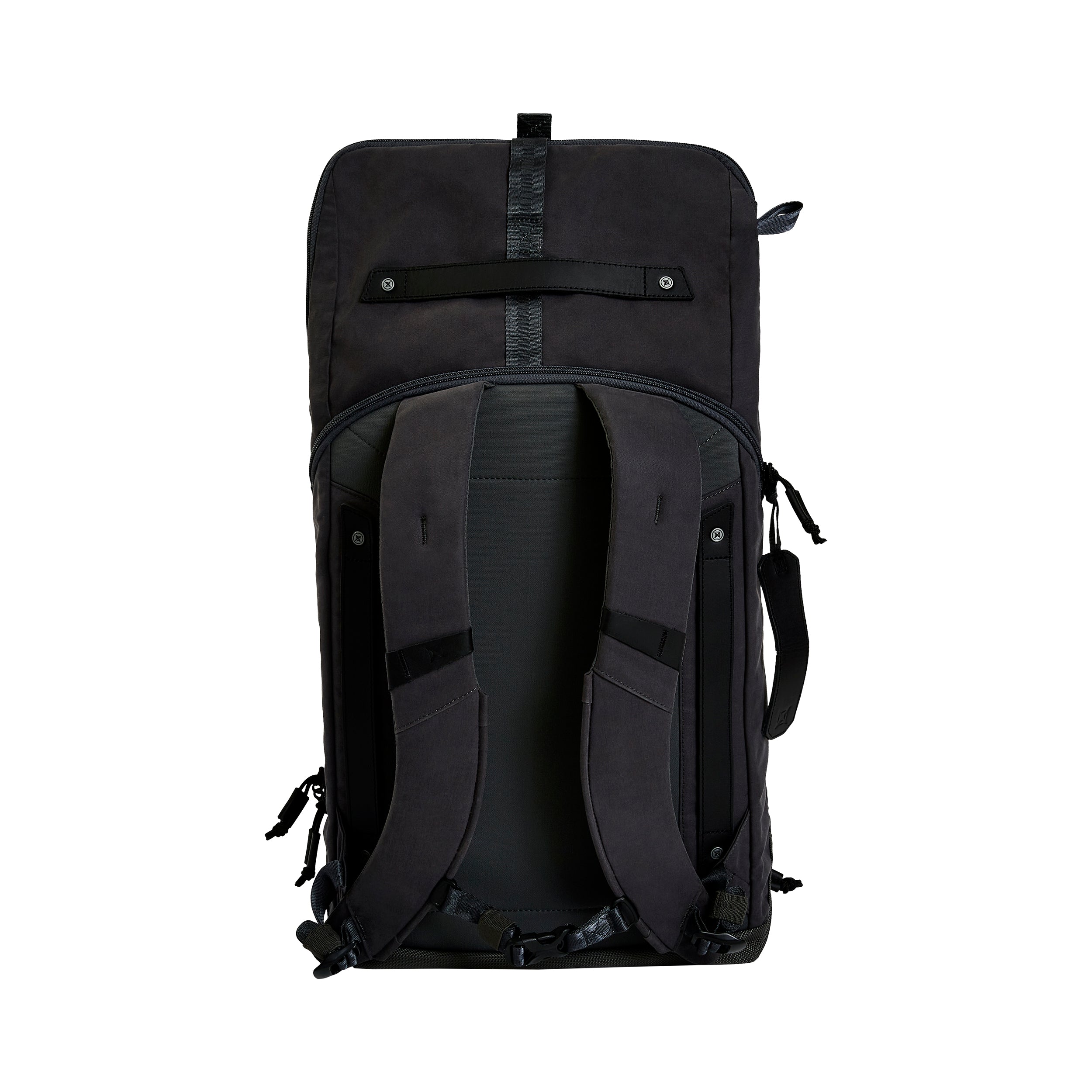 Product shot of a dark gray backpack featuring padded shoulder straps, a top handle, and sleek metal accents