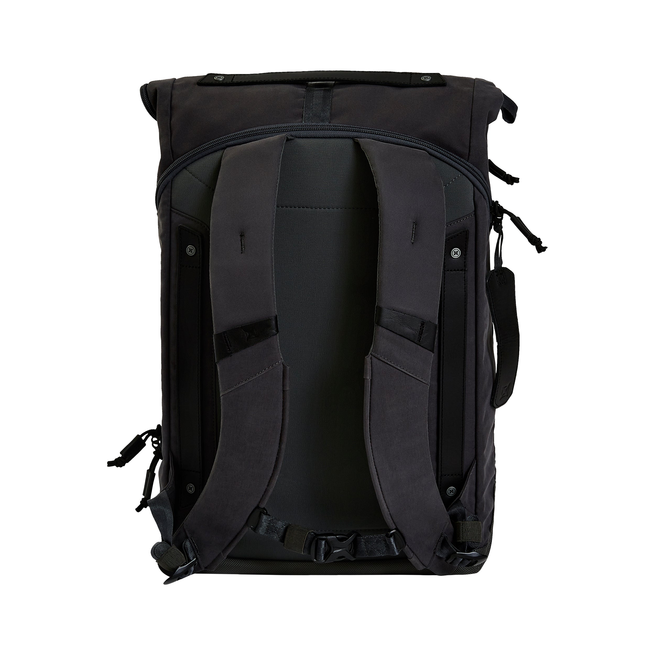 Product shot of a dark gray rolltop backpack featuring adjustable straps, a sternum strap, and subtle branding details