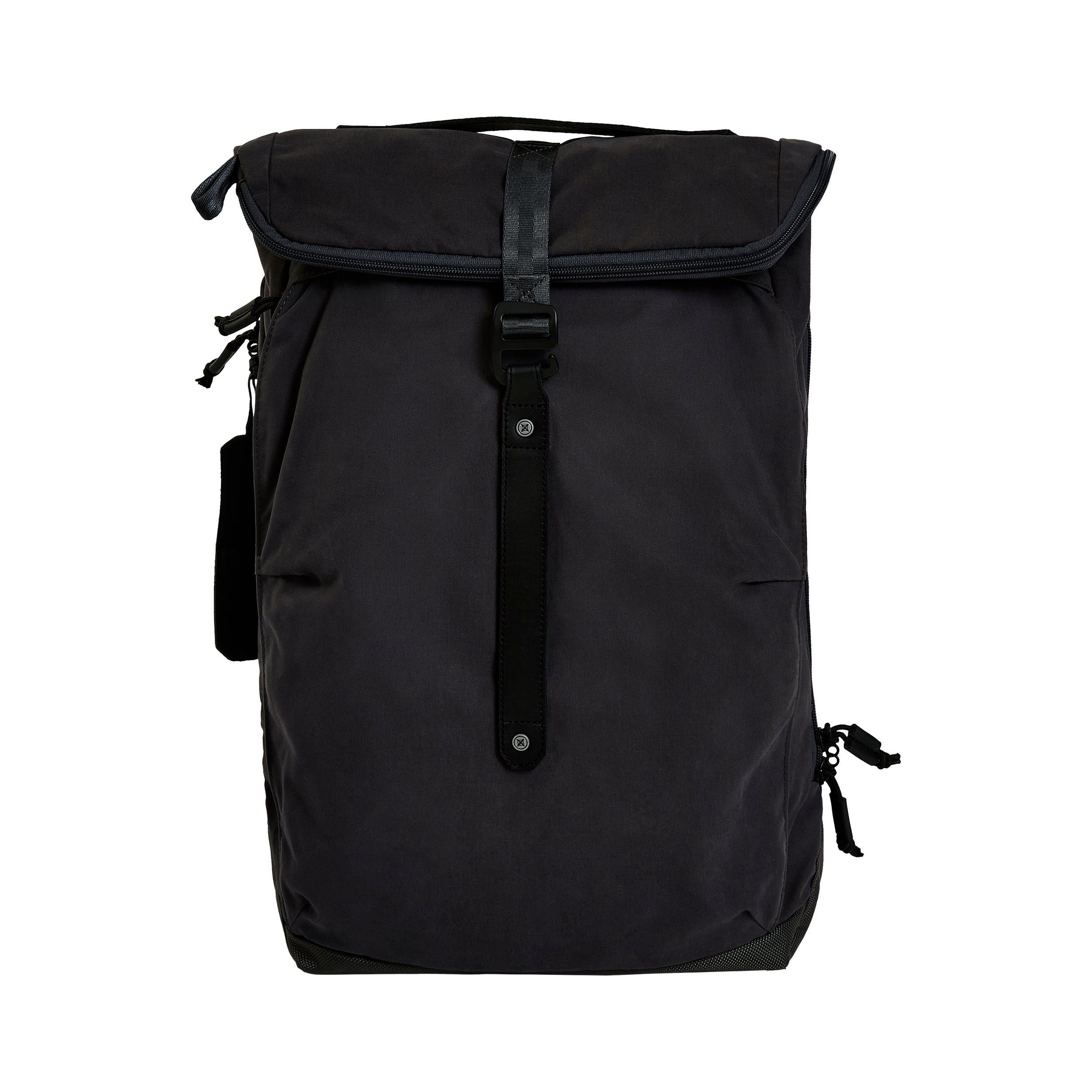 Product shot of a dark gray rolltop backpack featuring a black leather accent, a subtly branded buckle, and side compression straps