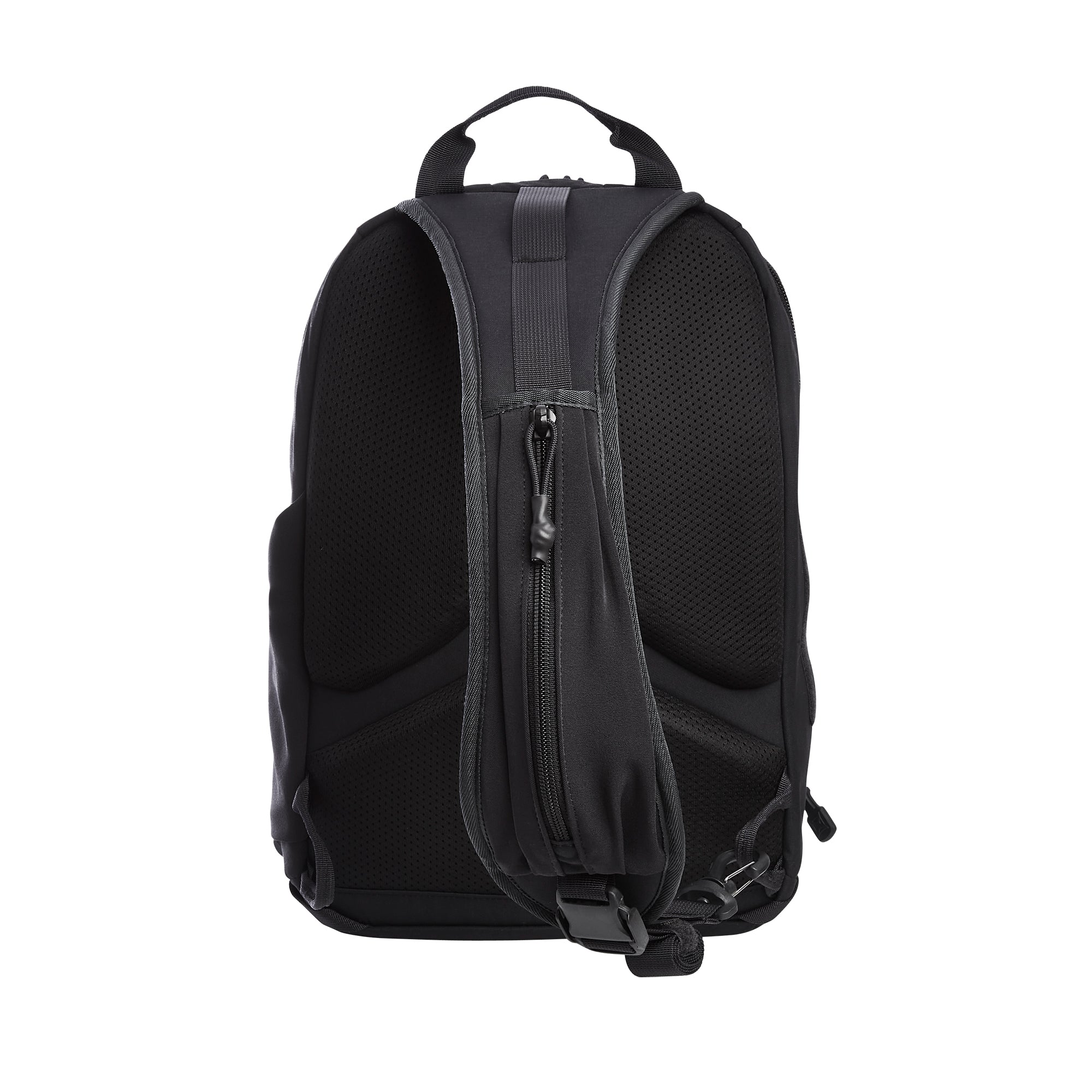 Black single-strap sling backpack shown from the back with a padded mesh panel, a zippered shoulder strap, top grab handle, and an adjustable side buckle on a white background