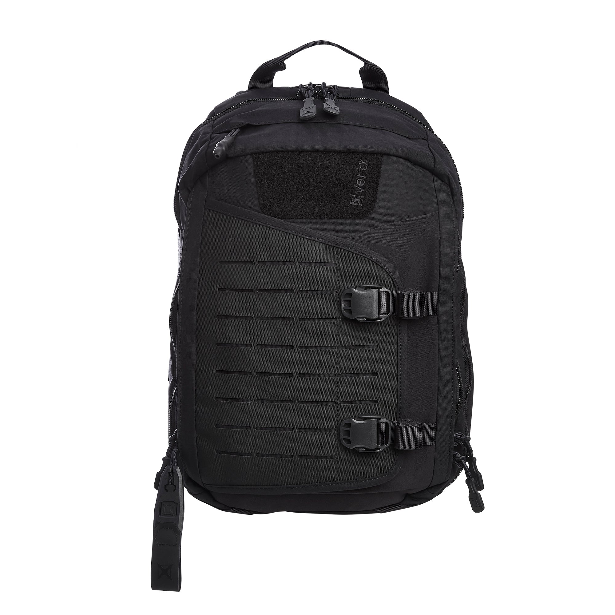 Black Vertx tactical backpack with a laser-cut MOLLE panel, two large buckles, and a Velcro patch area, presented on a white background