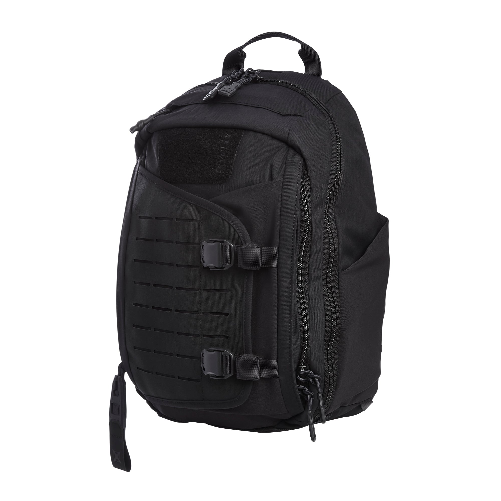 A black tactical sling backpack featuring laser-cut MOLLE webbing on the front flap, two quick-release buckles, a top grab handle, and multiple zippered compartments