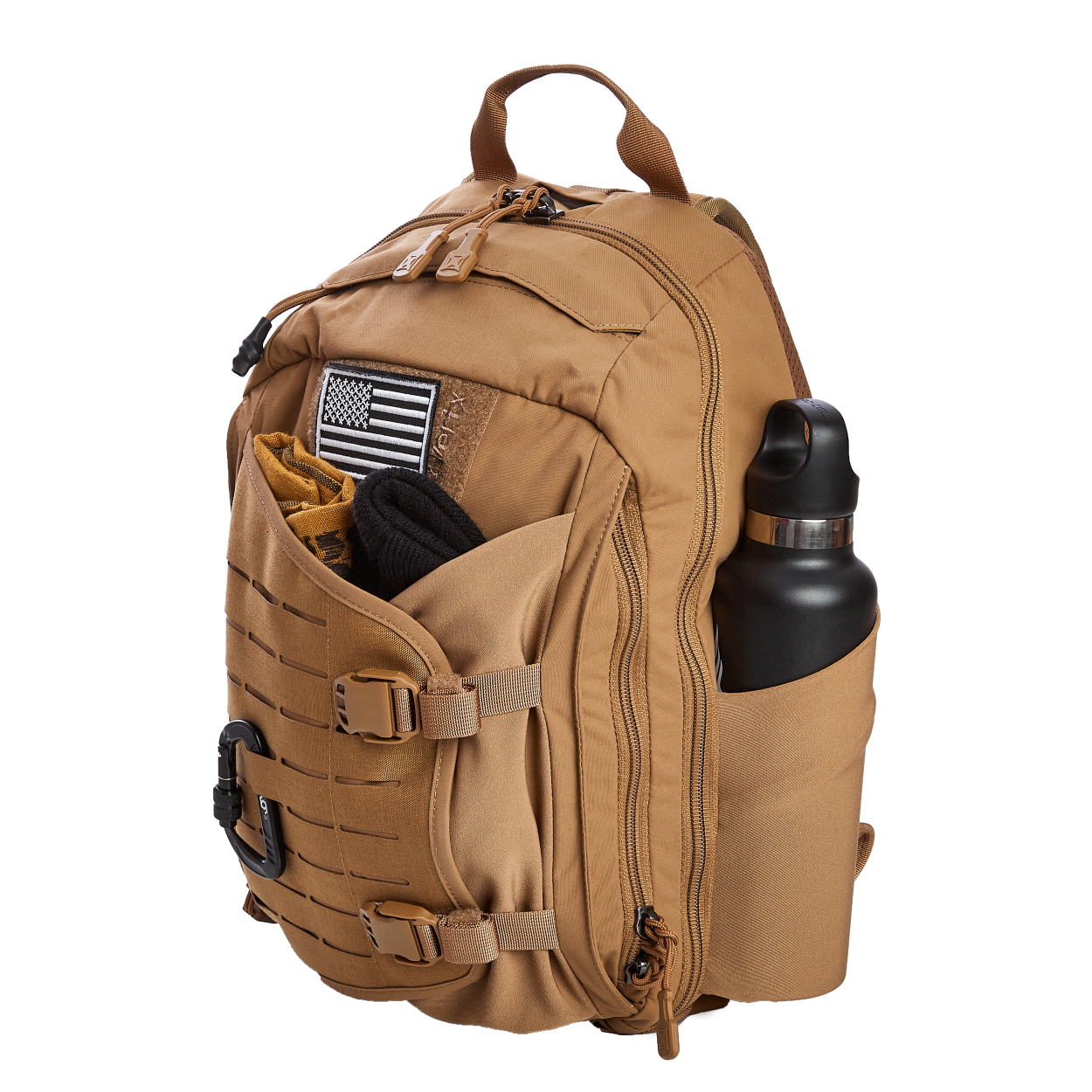 A tan tactical backpack featuring an American flag patch, a black water bottle in the side pocket, and laser-cut MOLLE webbing