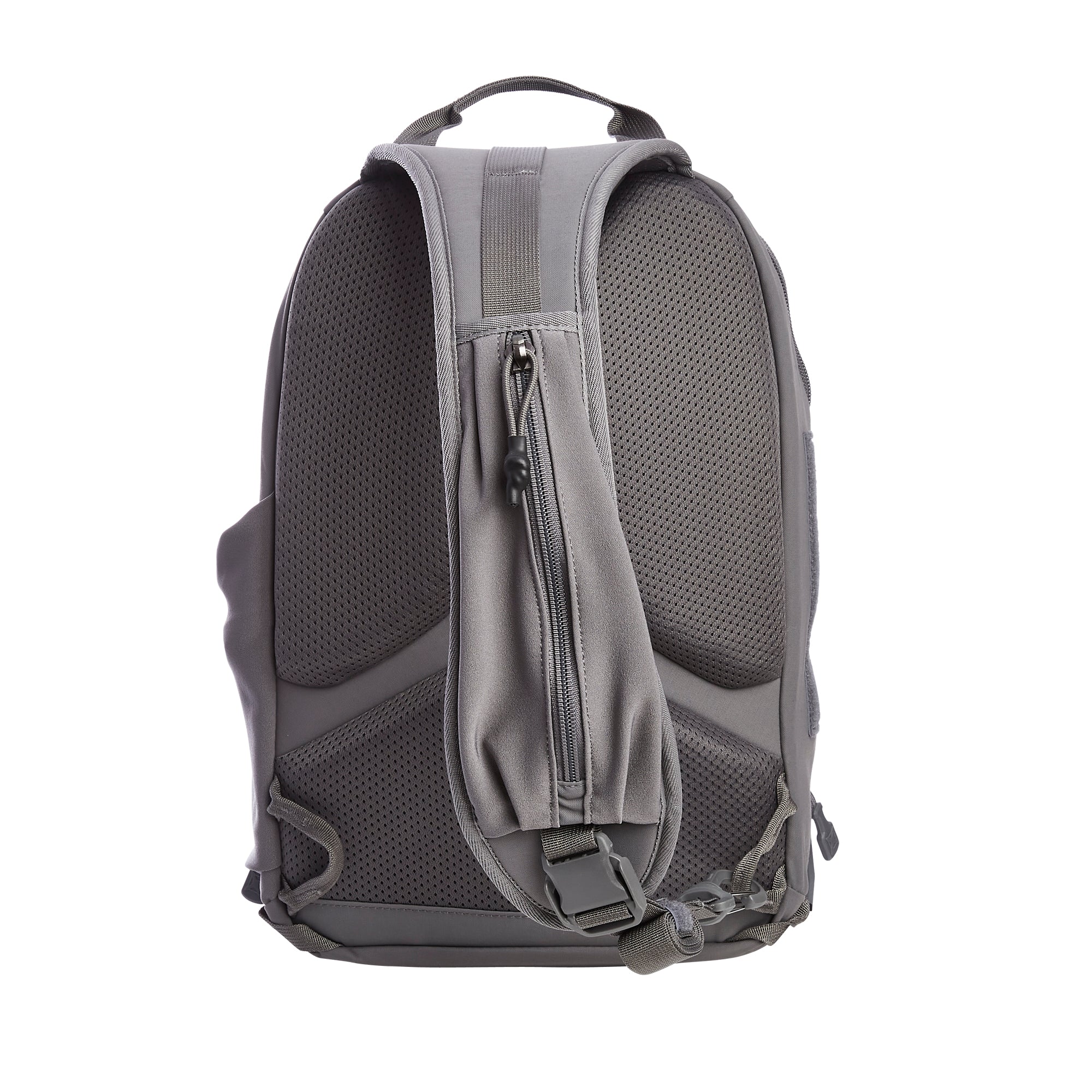 A grey sling backpack isolated on white, showcasing a mesh padded back panel, a single ergonomic shoulder strap with a zippered pocket, and a top grab handle